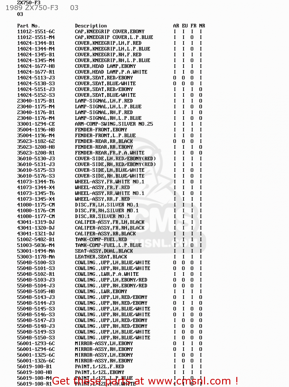1989 ZX750-F3     03 ZX750F1 GPX750R 1987 EUROPE FR UK AR FG GR IT NR SD SP ST