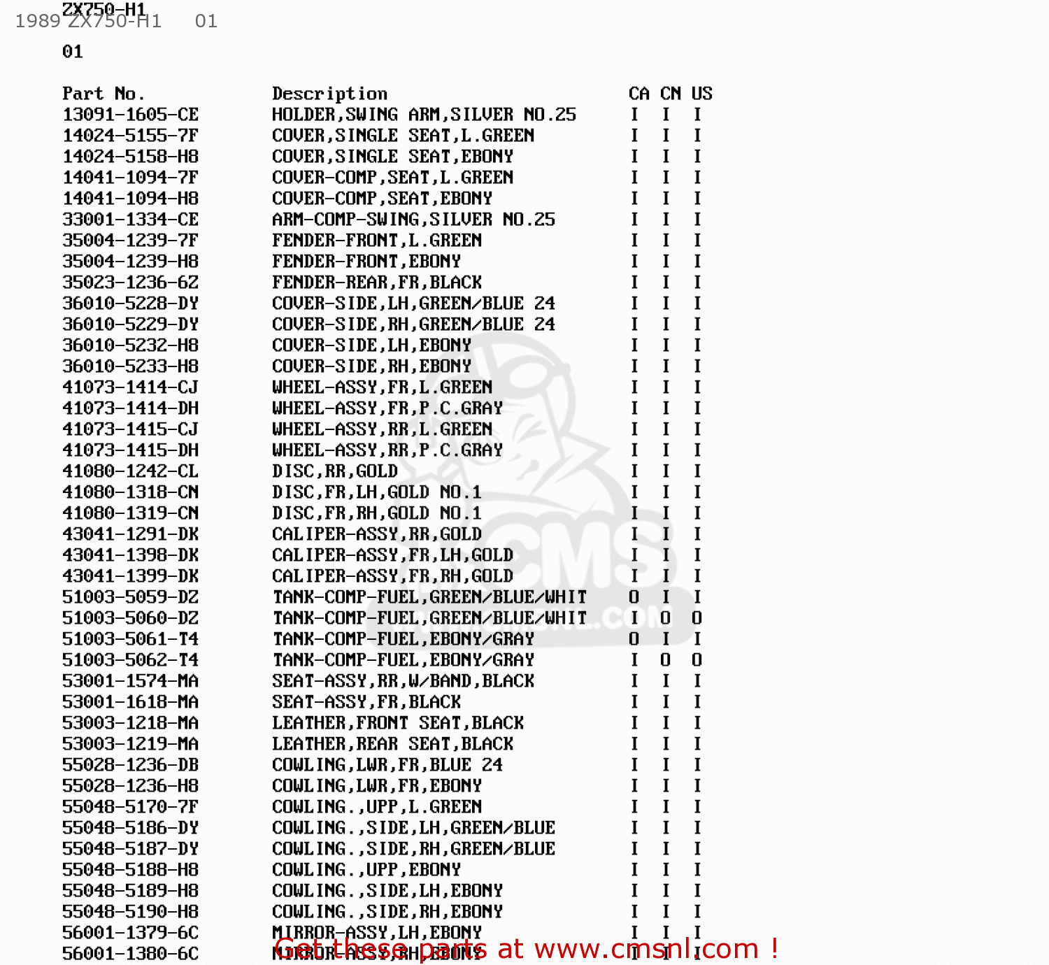 1989 ZX750-H1     01 ZX750H1 NINJA ZX7 1989 USA CALIFORNIA CANADA
