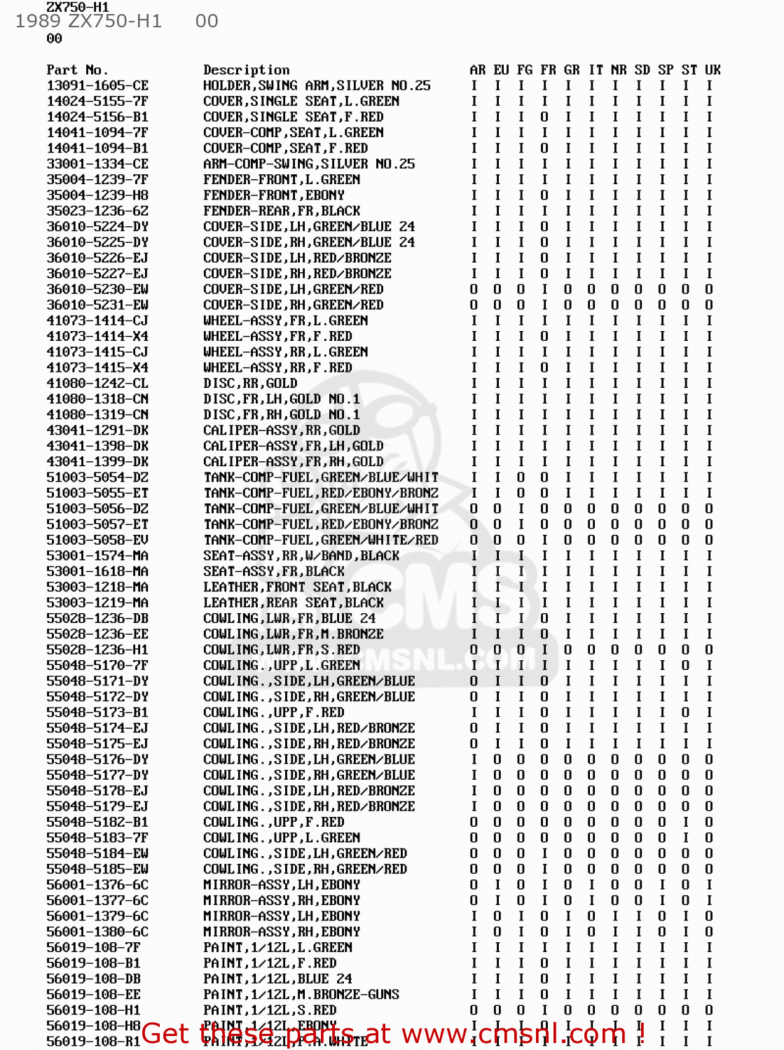 1989 ZX750-H1     00 ZX750H1 ZXR750 1989 EUROPE UK FR AR FG GR IT NR SD SP ST