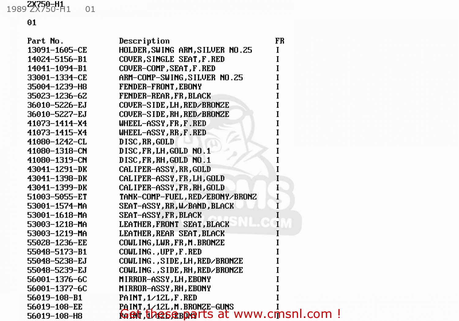 1989 ZX750-H1     01 ZX750H1 ZXR750 1989 EUROPE UK FR AR FG GR IT NR SD SP ST