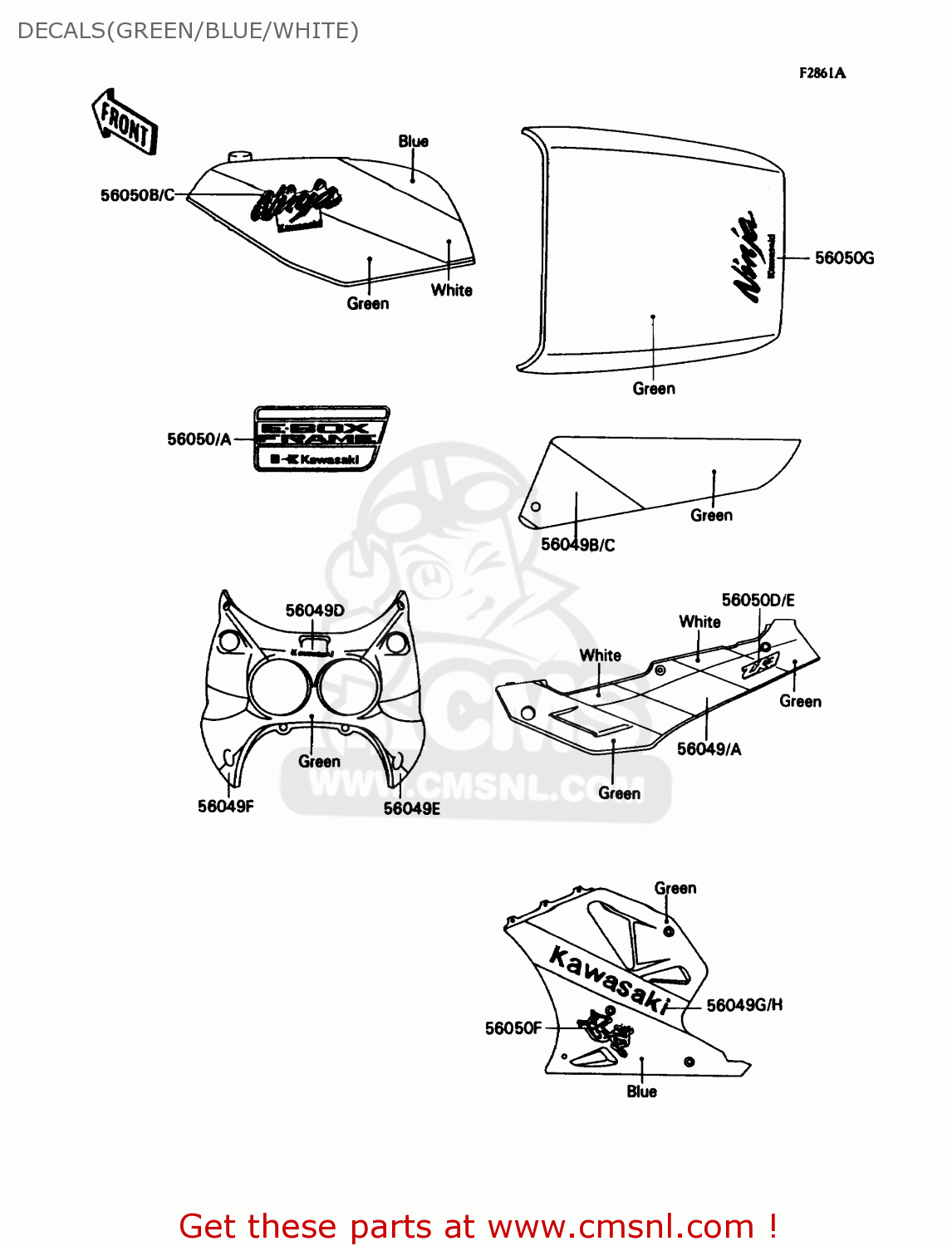 DECALS(GREEN/BLUE/WHITE) ZX750H2 NINJA ZX7 1990 USA CALIFORNIA CANADA
