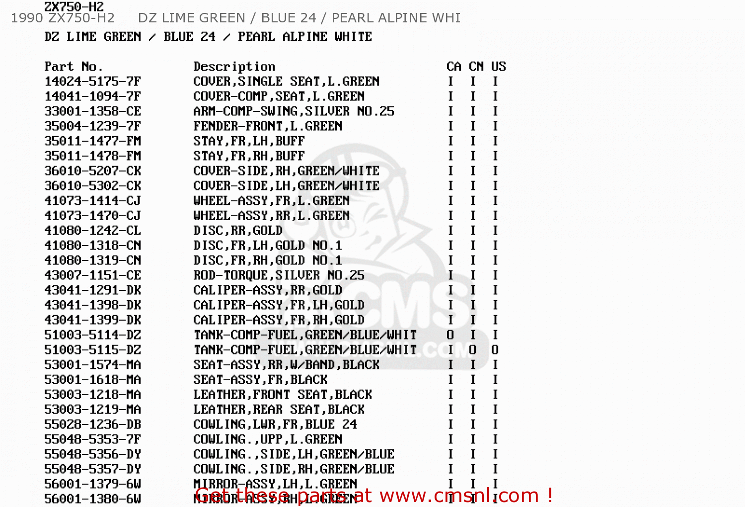 1990 ZX750-H2     DZ LIME GREEN / BLUE 24 / PEARL ALPINE WHI ZX750H2 NINJA ZX7 1990 USA CALIFORNIA CANADA