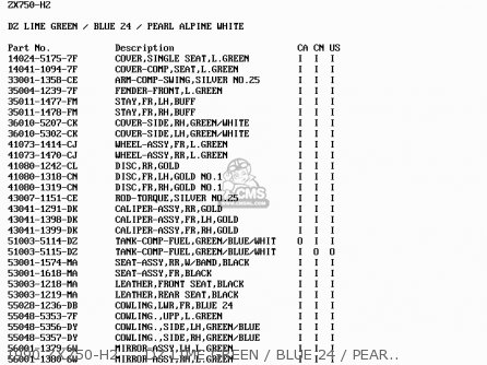 1990 ZX750-H2     DZ LIME GREEN / BLUE 24 / PEARL ALPINE WHI - ZX750H2 NINJA ZX7 1990 USA CALIFORNIA CANADA