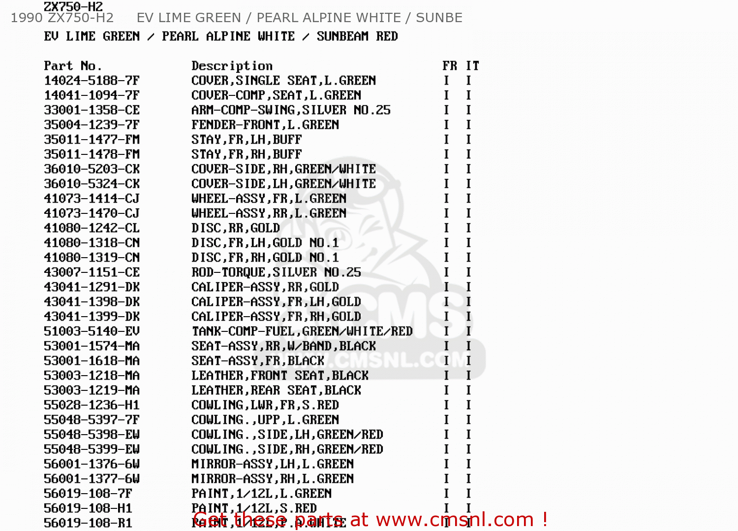 1990 ZX750-H2     EV LIME GREEN / PEARL ALPINE WHITE / SUNBE ZX750H2 ZXR750 1990 EUROPE UK FR AR FG GR IT NR SD SP ST