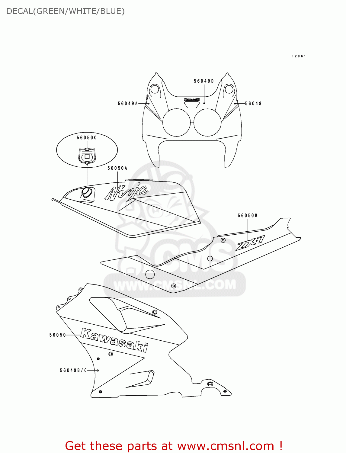 DECAL(GREEN/WHITE/BLUE) ZX750J1 NINJA ZX7 1991 USA CALIFORNIA CANADA