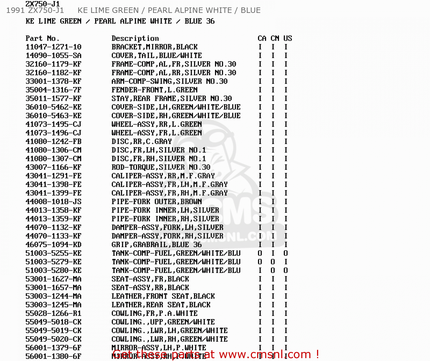 1991 ZX750-J1     KE LIME GREEN / PEARL ALPINE WHITE / BLUE ZX750J1 NINJA ZX7 1991 USA CALIFORNIA CANADA