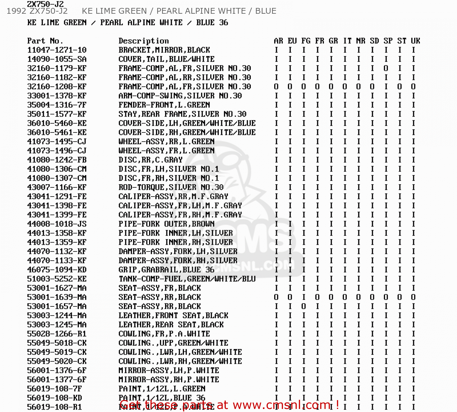 1992 ZX750-J2     KE LIME GREEN / PEARL ALPINE WHITE / BLUE ZX750J1 ZXR750 1991 EUROPE UK FR AR FG GR IT NR SD SP ST