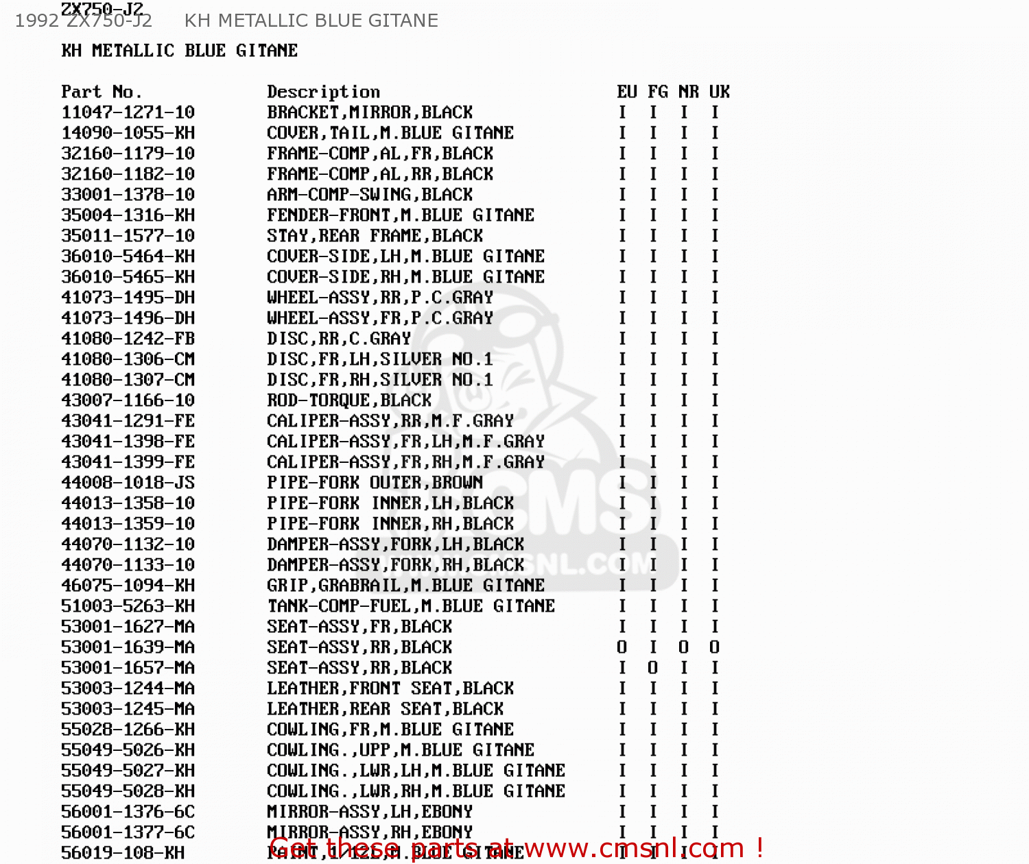 1992 ZX750-J2     KH METALLIC BLUE GITANE ZX750J1 ZXR750 1991 EUROPE UK FR AR FG GR IT NR SD SP ST