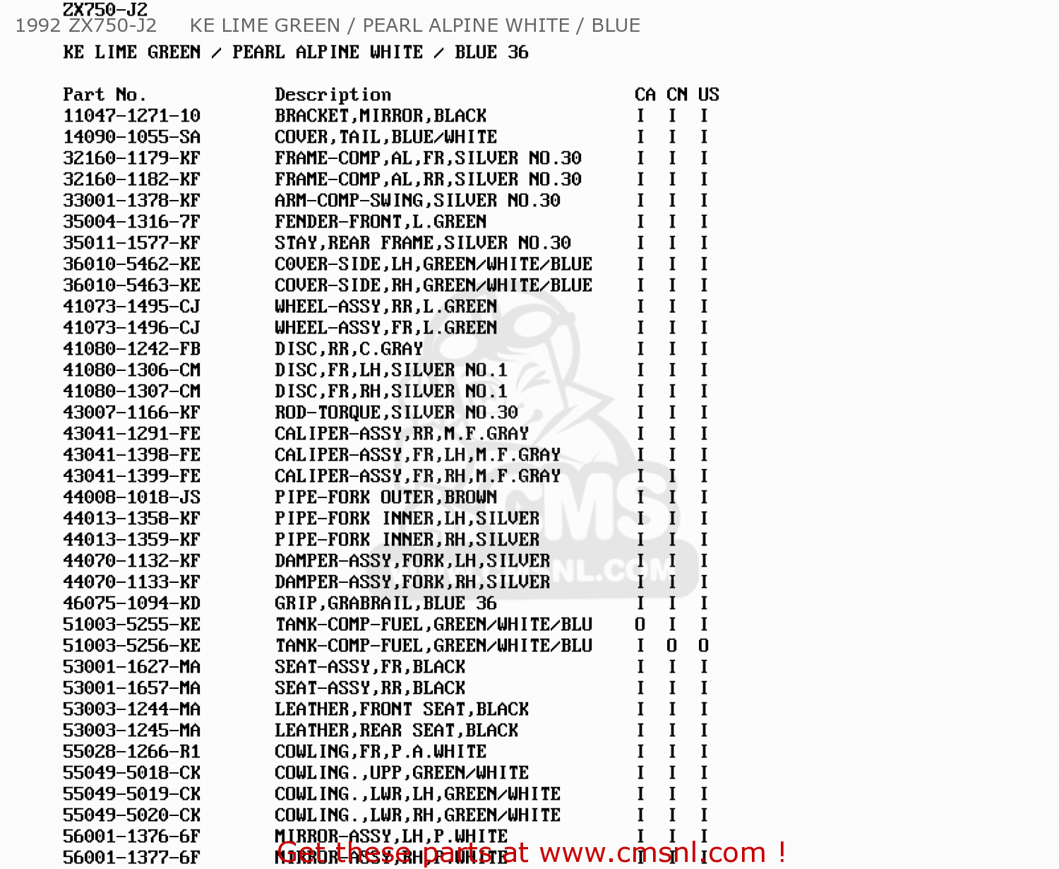 1992 ZX750-J2     KE LIME GREEN / PEARL ALPINE WHITE / BLUE ZX750J2 NINJA ZX7 1992 USA CALIFORNIA CANADA