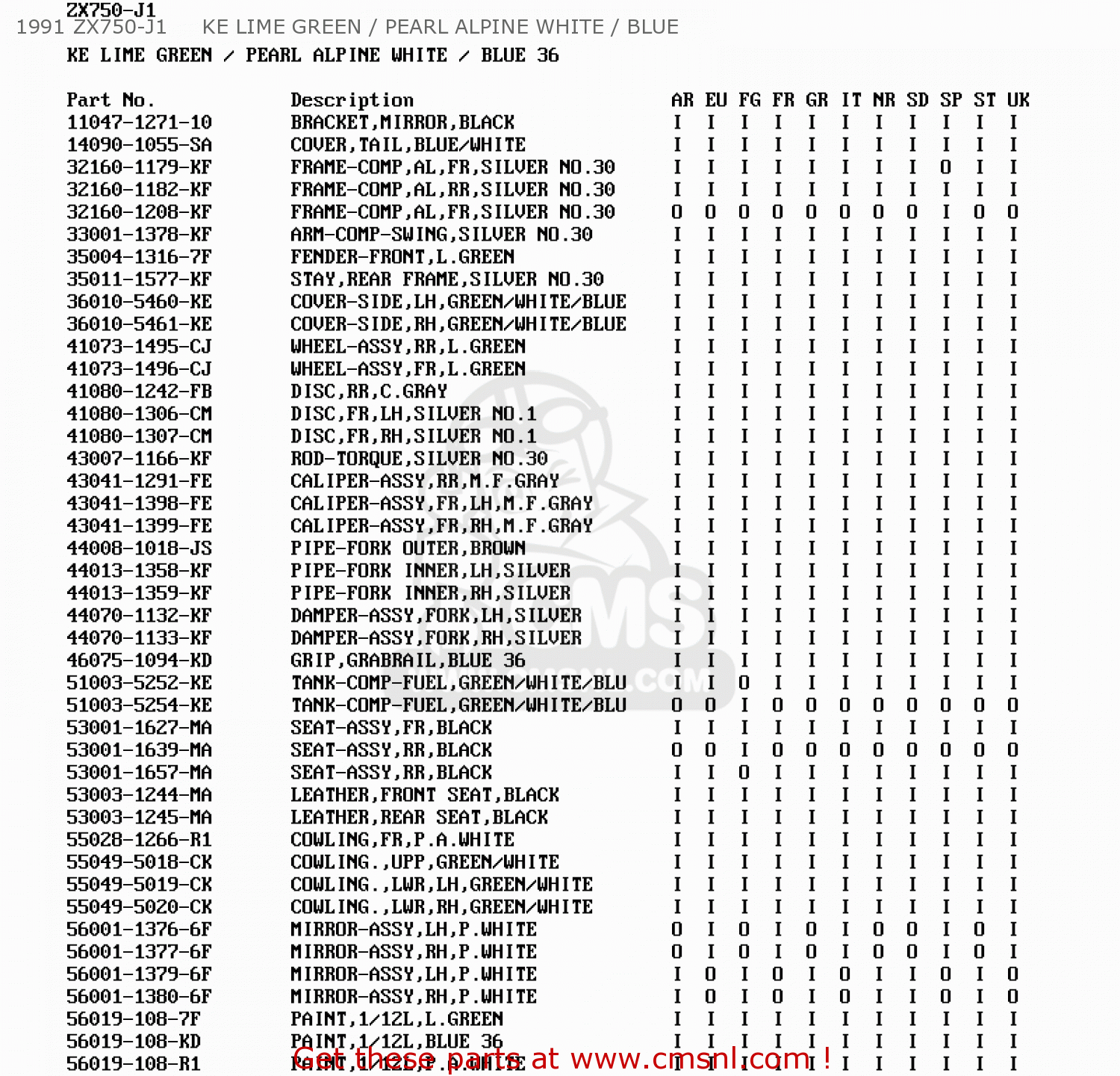 1991 ZX750-J1     KE LIME GREEN / PEARL ALPINE WHITE / BLUE ZX750J2 ZXR750 1992 EUROPE UK FR AR FG GR IT NR SD SP ST