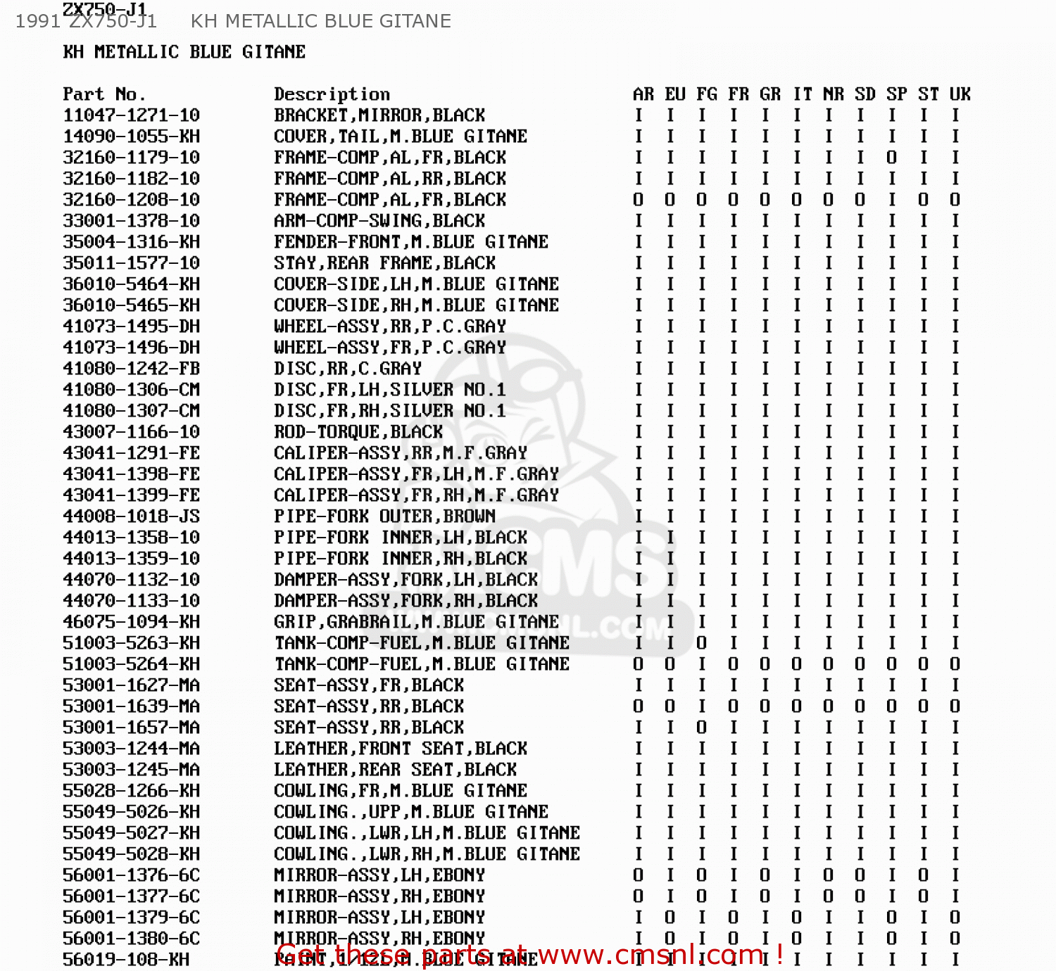 1991 ZX750-J1     KH METALLIC BLUE GITANE ZX750J2 ZXR750 1992 EUROPE UK FR AR FG GR IT NR SD SP ST