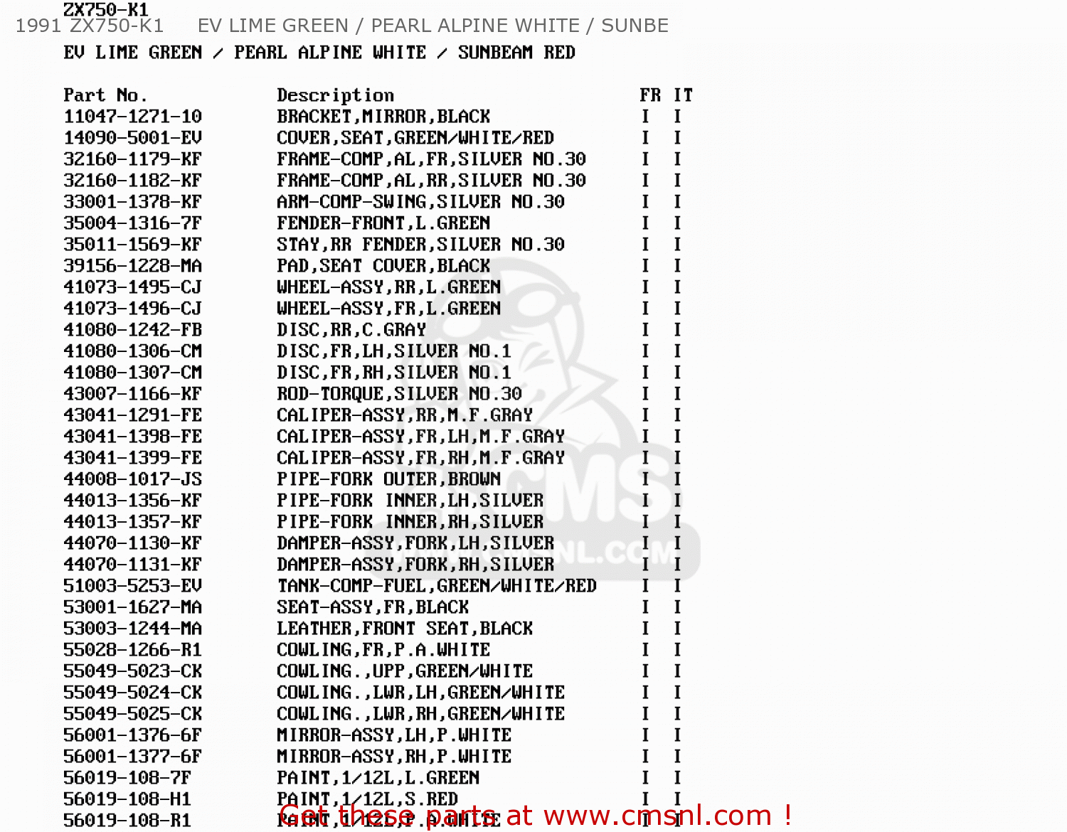 1991 ZX750-K1     EV LIME GREEN / PEARL ALPINE WHITE / SUNBE ZX750K1 ZXR750R 1991 EUROPE UK FR AR FG IT NR SP