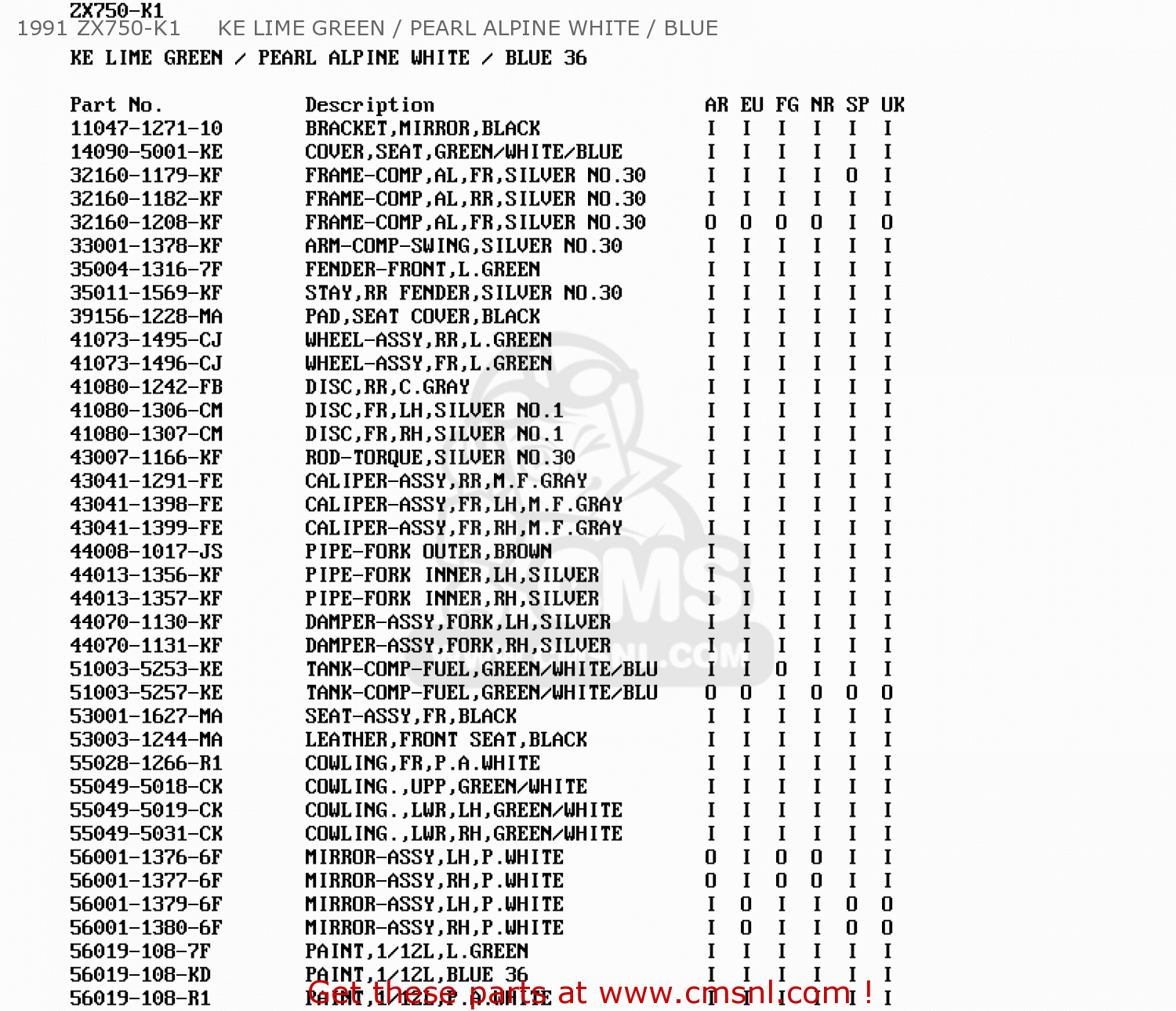 1991 ZX750-K1     KE LIME GREEN / PEARL ALPINE WHITE / BLUE ZX750K1 ZXR750R 1991 EUROPE UK FR AR FG IT NR SP