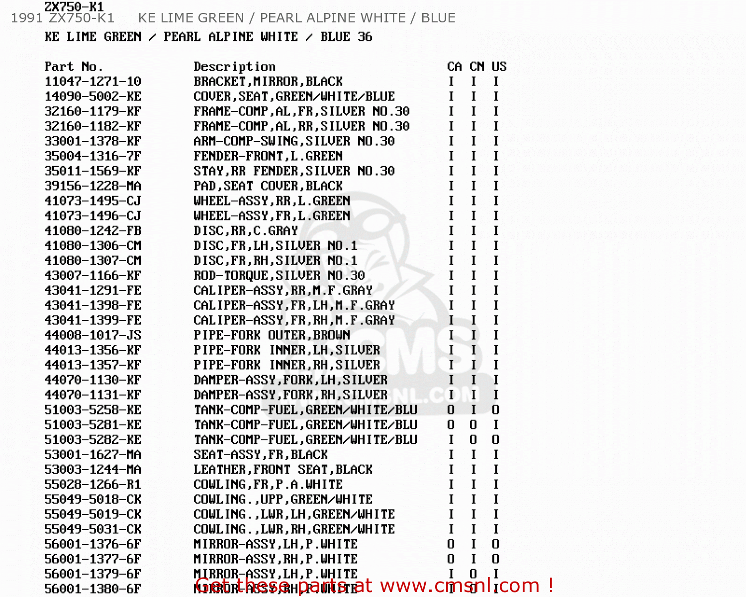 1991 ZX750-K1     KE LIME GREEN / PEARL ALPINE WHITE / BLUE ZX750K2 NINJA ZX7R 1992 USA CALIFORNIA CANADA
