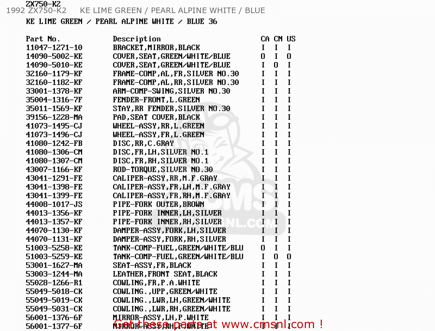 1992 ZX750-K2     KE LIME GREEN / PEARL ALPINE WHITE / BLUE ZX750K2 NINJA ZX7R 1992 USA CALIFORNIA CANADA