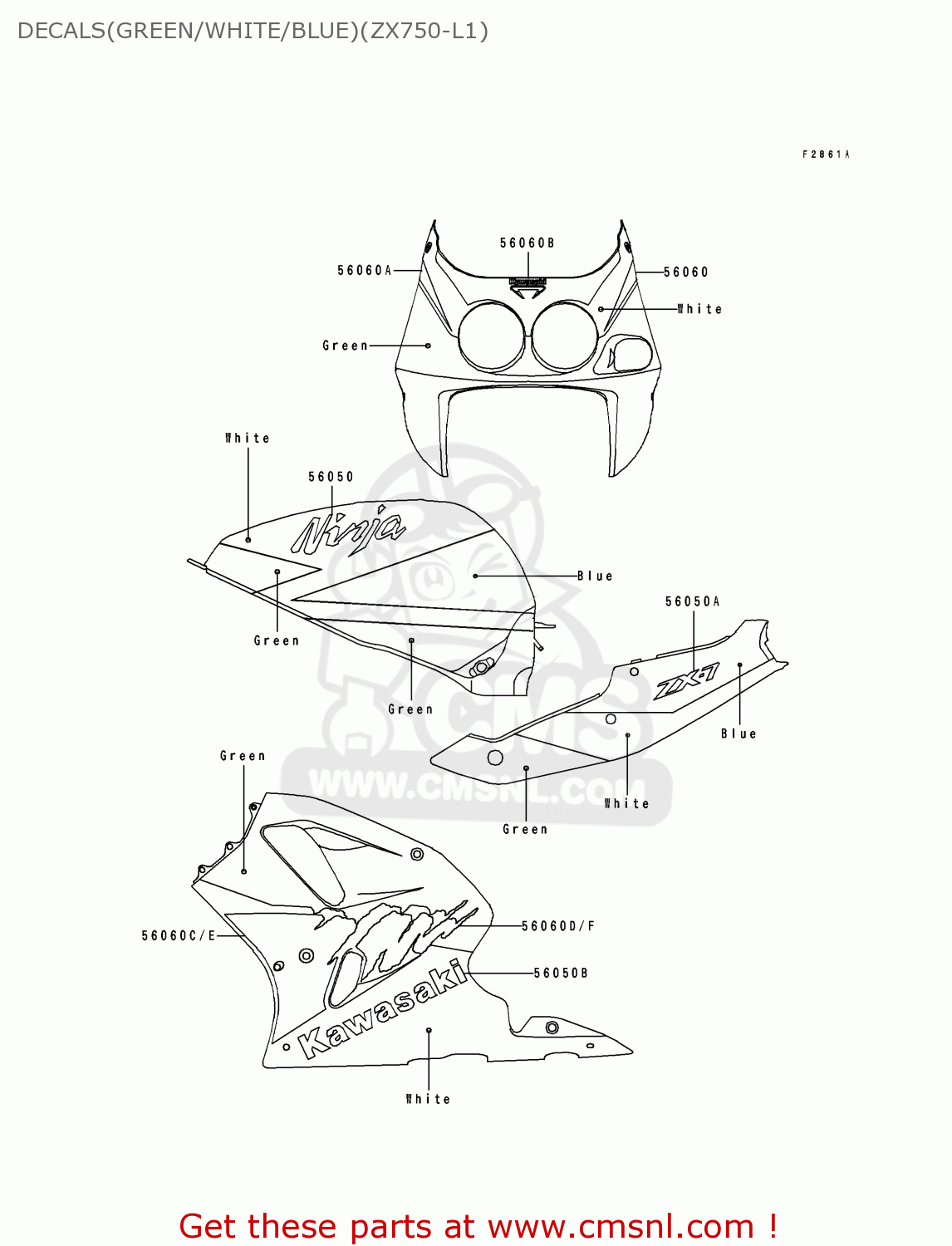 DECALS(GREEN/WHITE/BLUE)(ZX750-L1) ZX750L1 NINJA ZX7 1993 USA CALIFORNIA CANADA