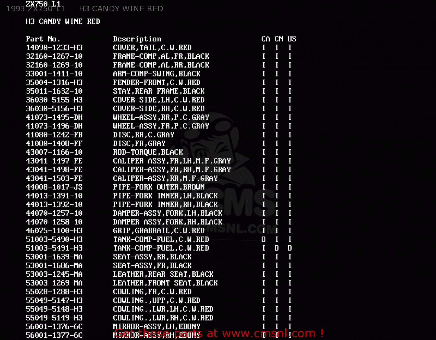 1993 ZX750-L1     H3 CANDY WINE RED ZX750L1 NINJA ZX7 1993 USA CALIFORNIA CANADA