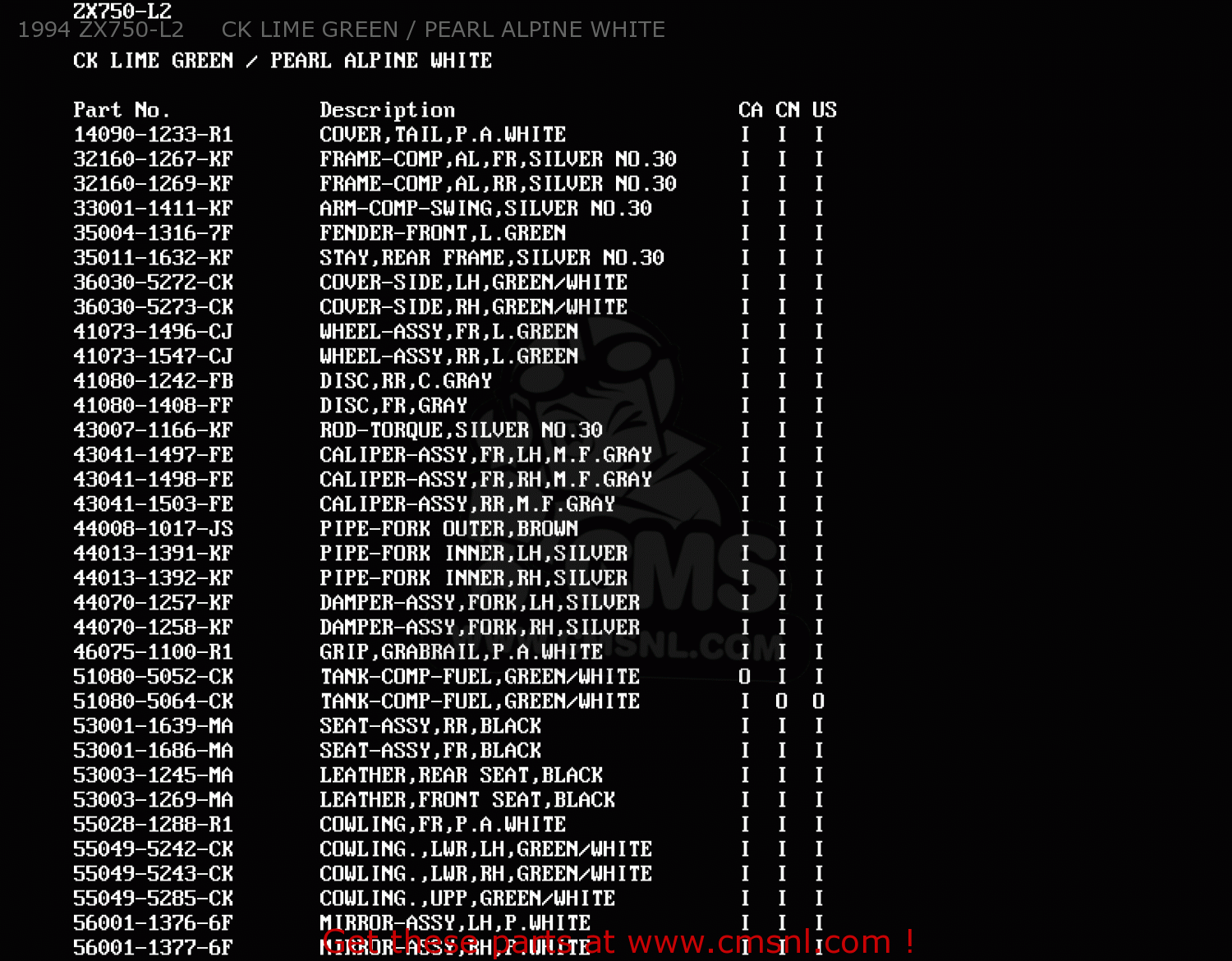 1994 ZX750-L2     CK LIME GREEN / PEARL ALPINE WHITE ZX750L1 NINJA ZX7 1993 USA CALIFORNIA CANADA
