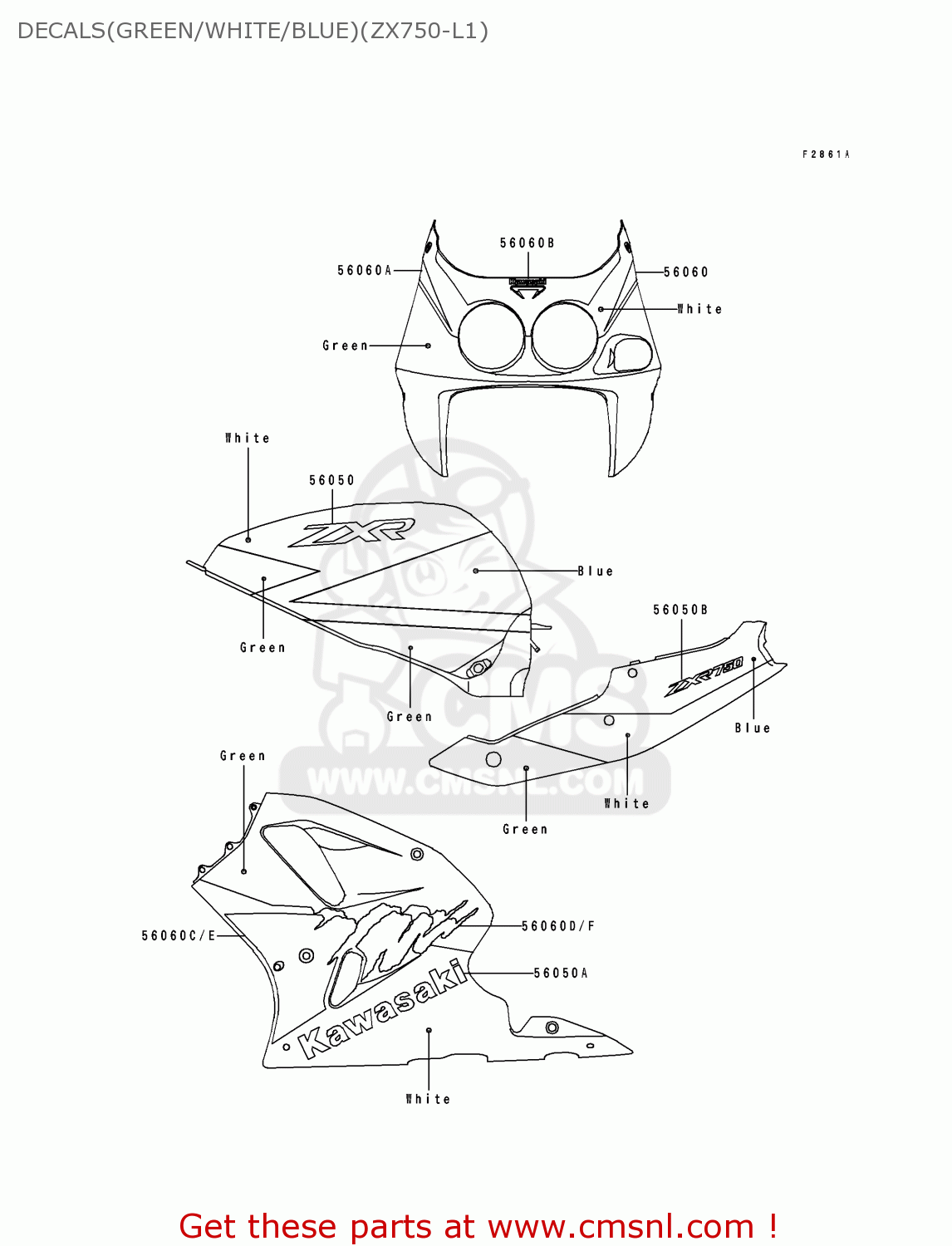 DECALS(GREEN/WHITE/BLUE)(ZX750-L1) ZX750L1 ZXR750 1993 EUROPE UK FR NL AR FG GR IT NR SD SP ST