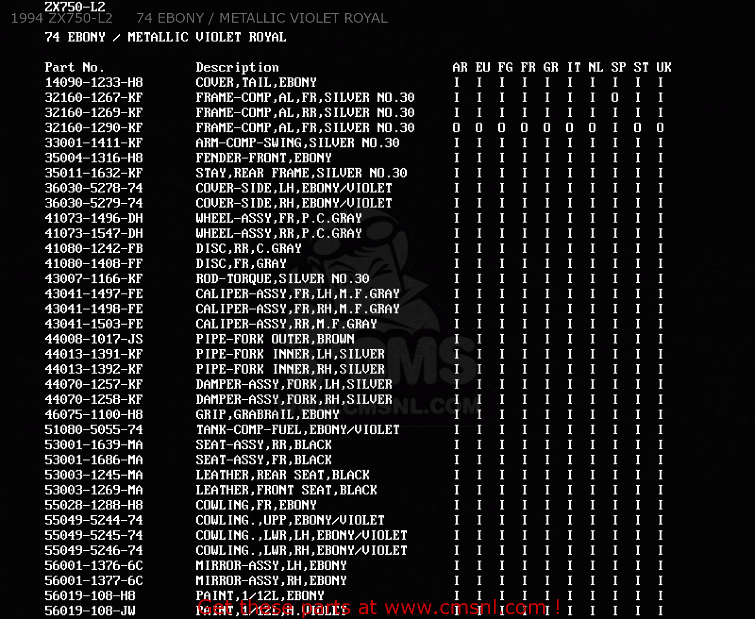 1994 ZX750-L2     74 EBONY / METALLIC VIOLET ROYAL ZX750L1 ZXR750 1993 EUROPE UK FR NL AR FG GR IT NR SD SP ST