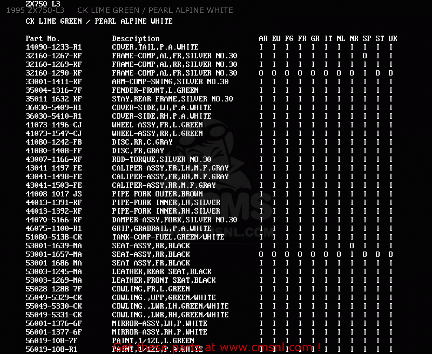 1995 ZX750-L3     CK LIME GREEN / PEARL ALPINE WHITE ZX750L1 ZXR750 1993 EUROPE UK FR NL AR FG GR IT NR SD SP ST
