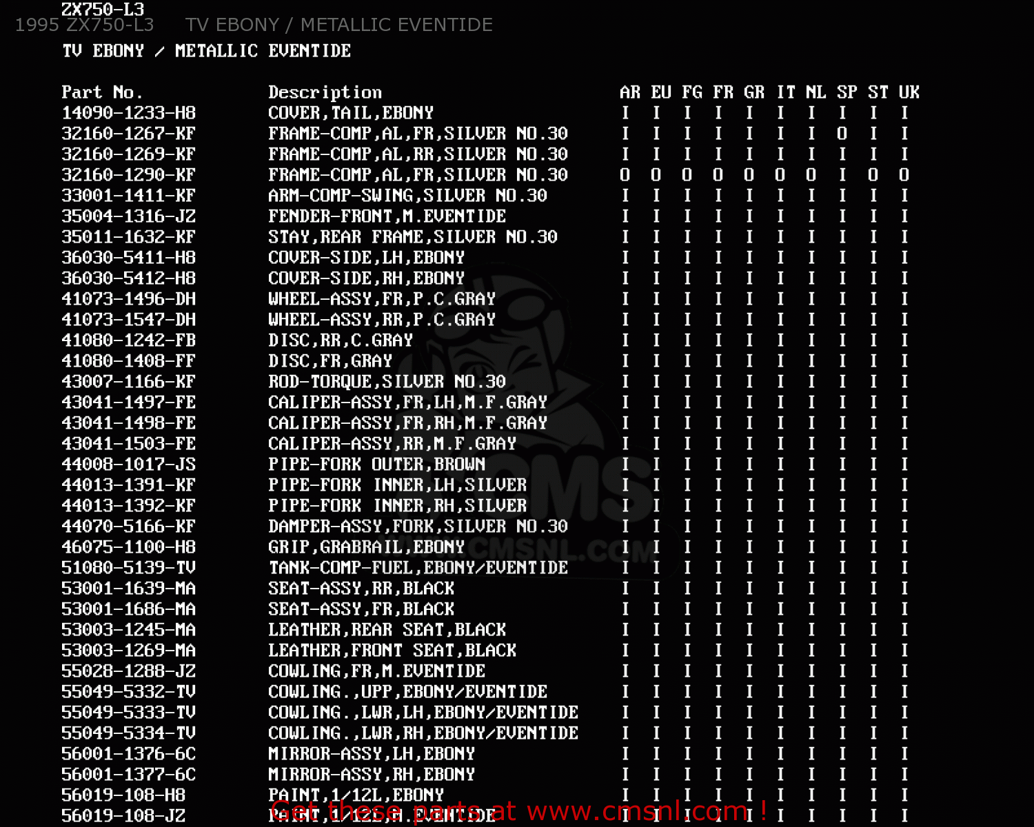 1995 ZX750-L3     TV EBONY / METALLIC EVENTIDE ZX750L1 ZXR750 1993 EUROPE UK FR NL AR FG GR IT NR SD SP ST