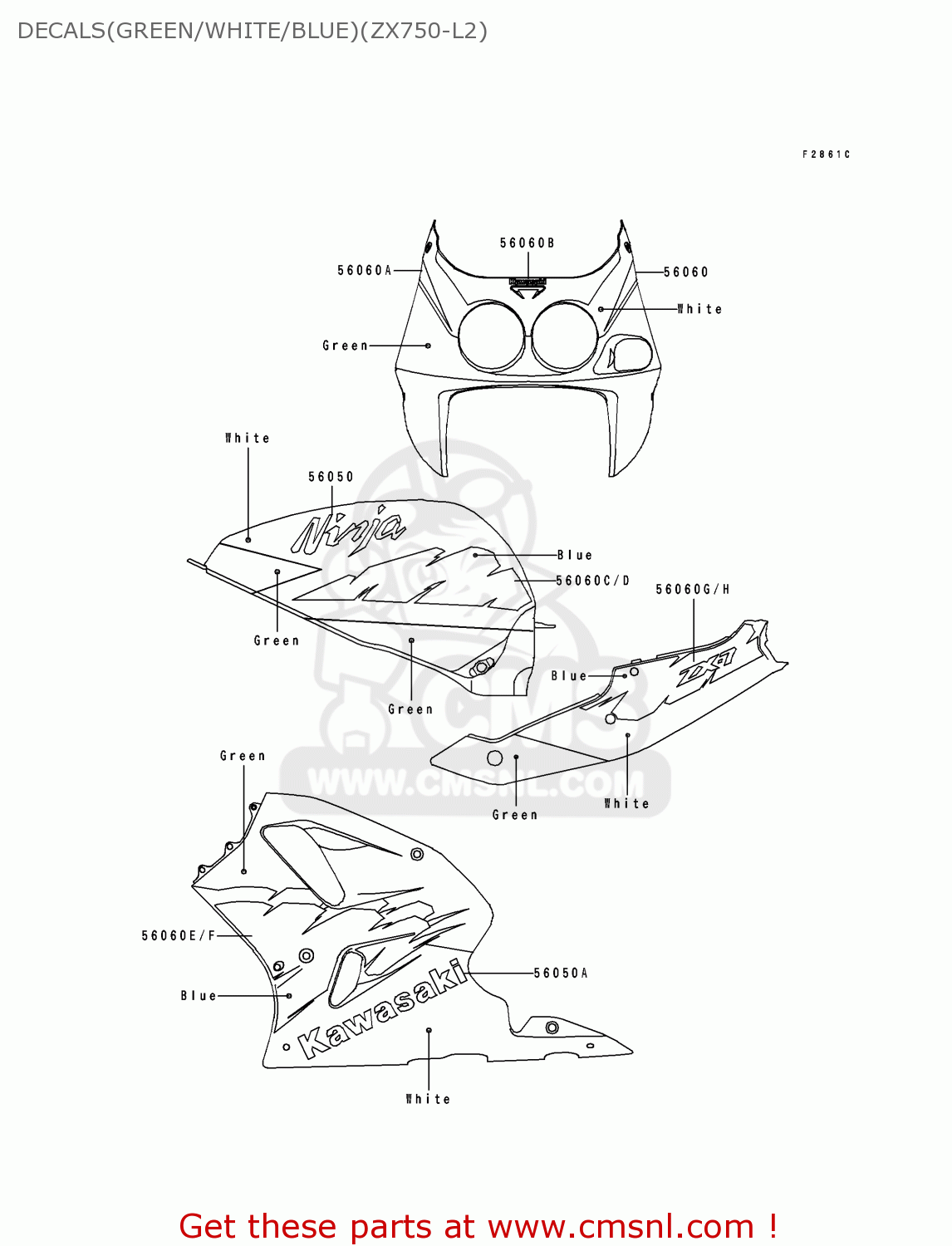 DECALS(GREEN/WHITE/BLUE)(ZX750-L2) ZX750L2 NINJA ZX7 1994 USA CALIFORNIA CANADA