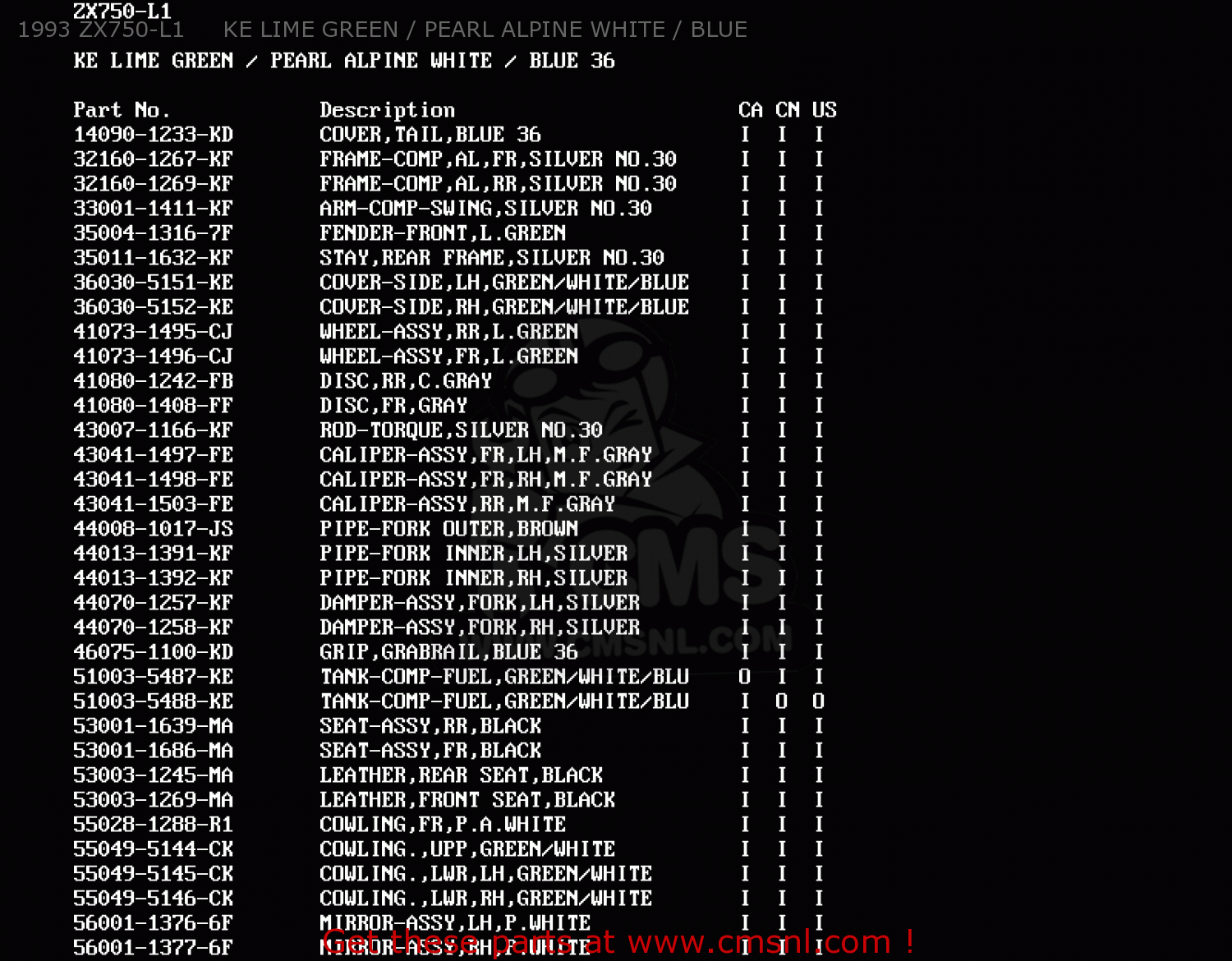 1993 ZX750-L1     KE LIME GREEN / PEARL ALPINE WHITE / BLUE ZX750L2 NINJA ZX7 1994 USA CALIFORNIA CANADA