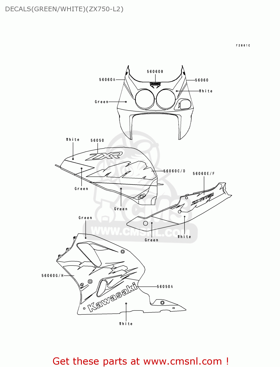 DECALS(GREEN/WHITE)(ZX750-L2) ZX750L2 ZXR750 1994 EUROPE UK FR NL AR FG GR IT NR SP ST