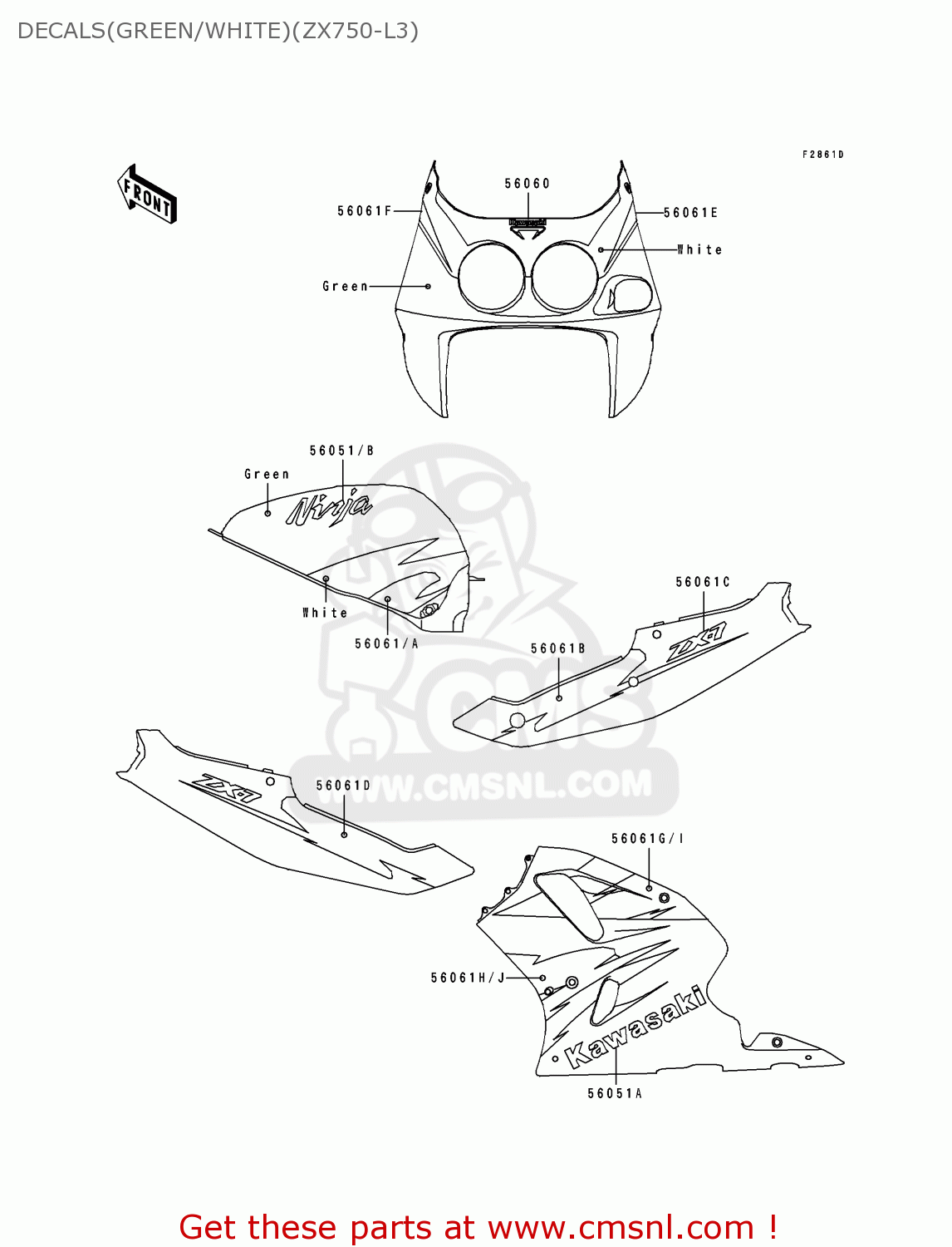 DECALS(GREEN/WHITE)(ZX750-L3) ZX750L3 NINJA ZX7 1995 USA CALIFORNIA CANADA