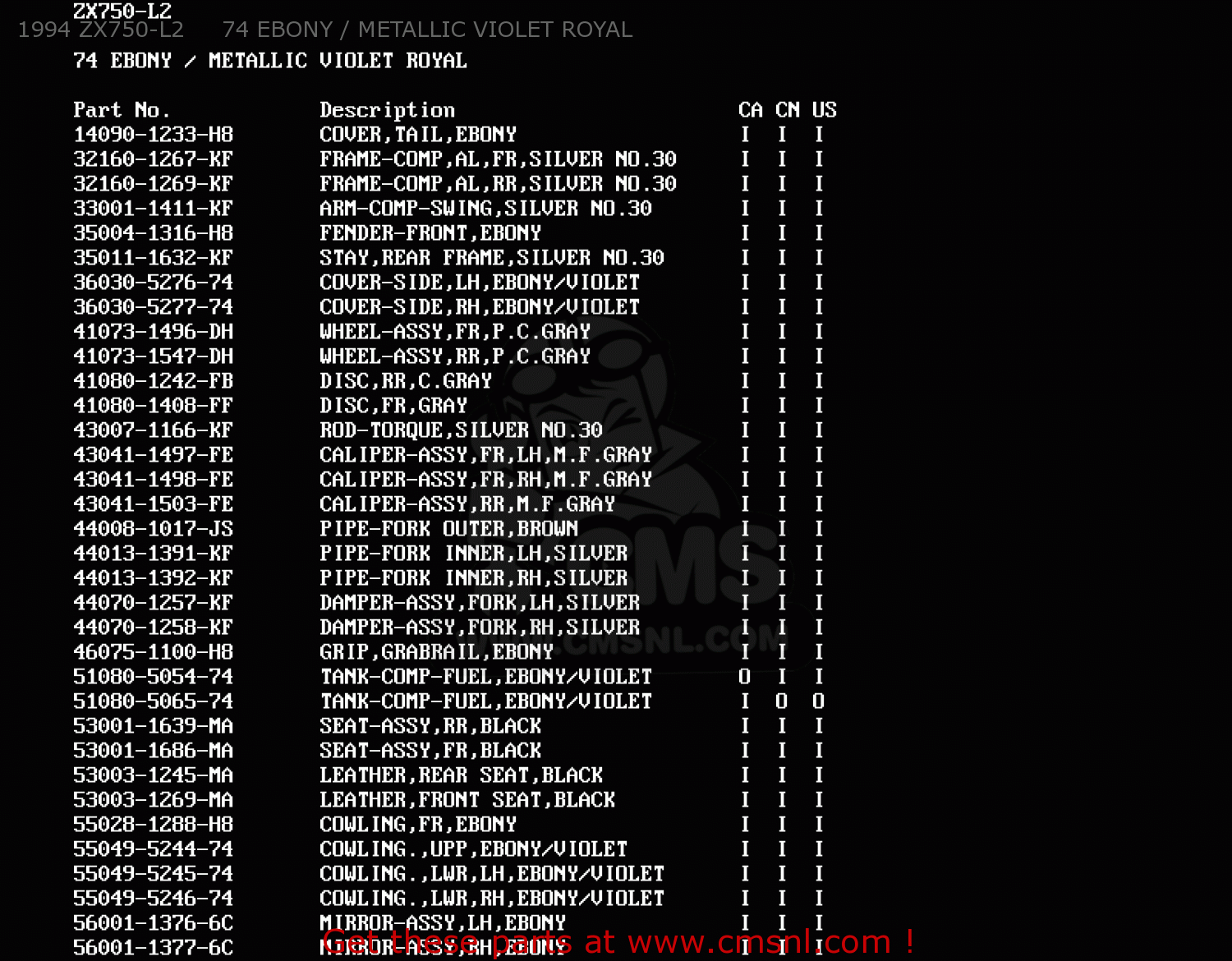 1994 ZX750-L2     74 EBONY / METALLIC VIOLET ROYAL ZX750L3 NINJA ZX7 1995 USA CALIFORNIA CANADA