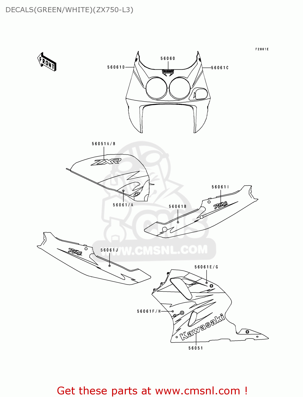 DECALS(GREEN/WHITE)(ZX750-L3) ZX750L3 ZXR750 1995 EUROPE UK FR NL AR FG GR IT NR SP ST