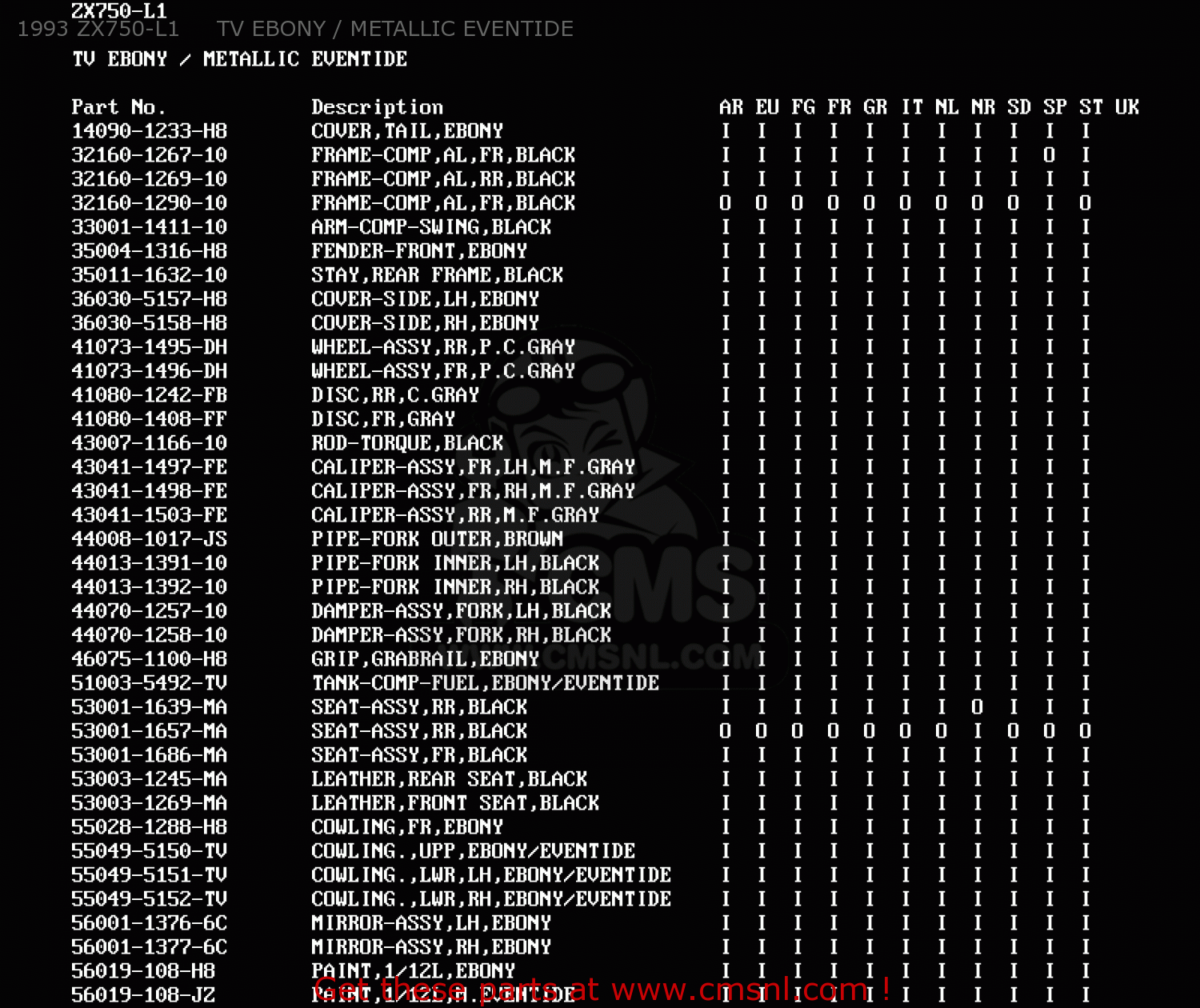 1993 ZX750-L1     TV EBONY / METALLIC EVENTIDE ZX750L3 ZXR750 1995 EUROPE UK FR NL AR FG GR IT NR SP ST