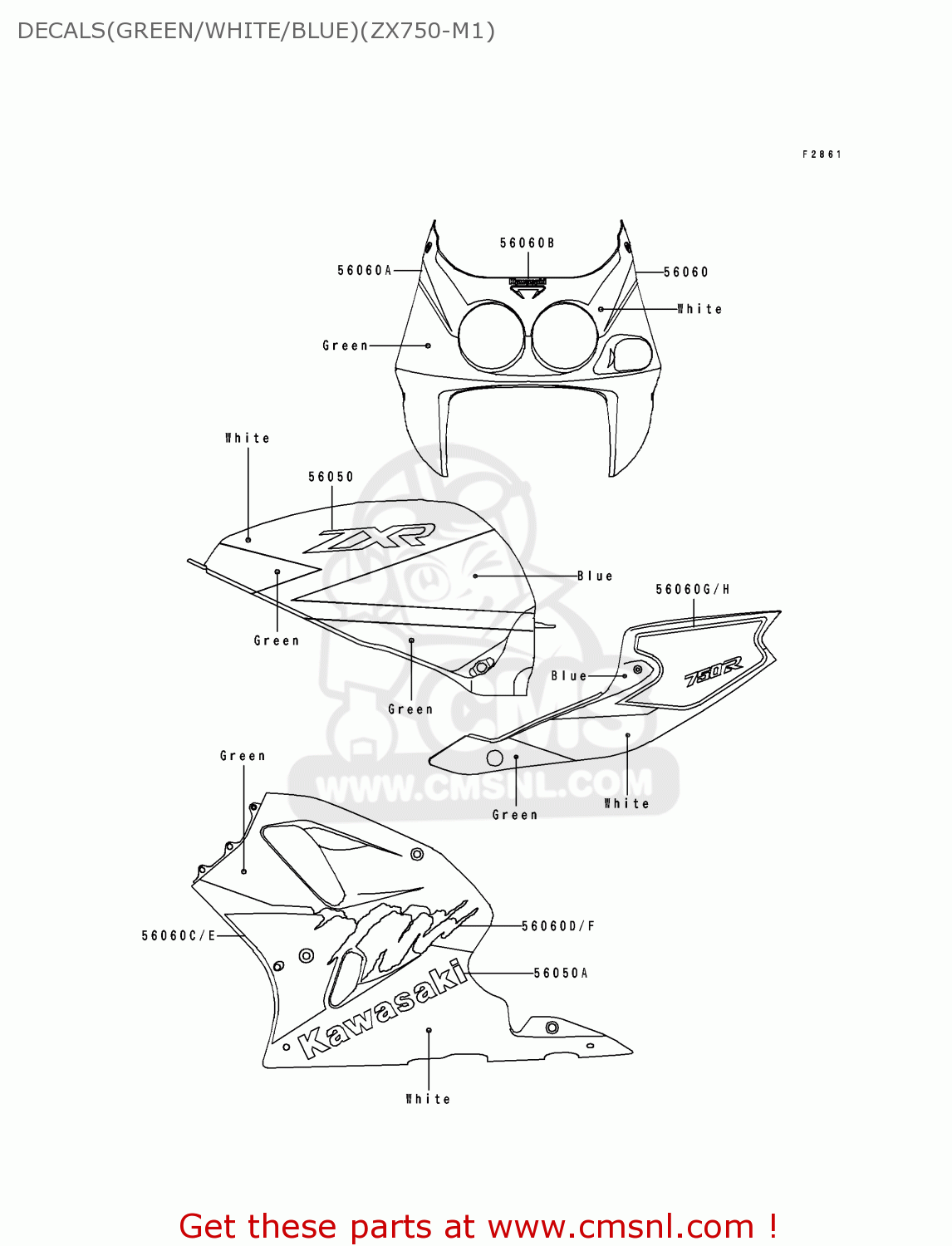 DECALS(GREEN/WHITE/BLUE)(ZX750-M1) ZX750M1 ZXR750R 1993 EUROPE UK FR AR FG IT SP