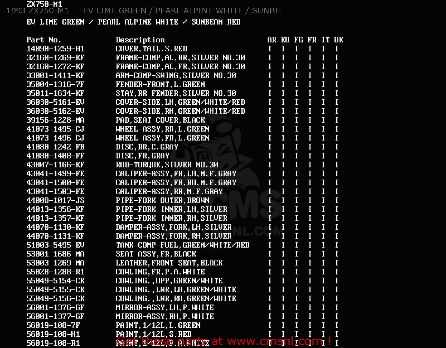 1993 ZX750-M1     EV LIME GREEN / PEARL ALPINE WHITE / SUNBE ZX750M1 ZXR750R 1993 EUROPE UK FR AR FG IT SP