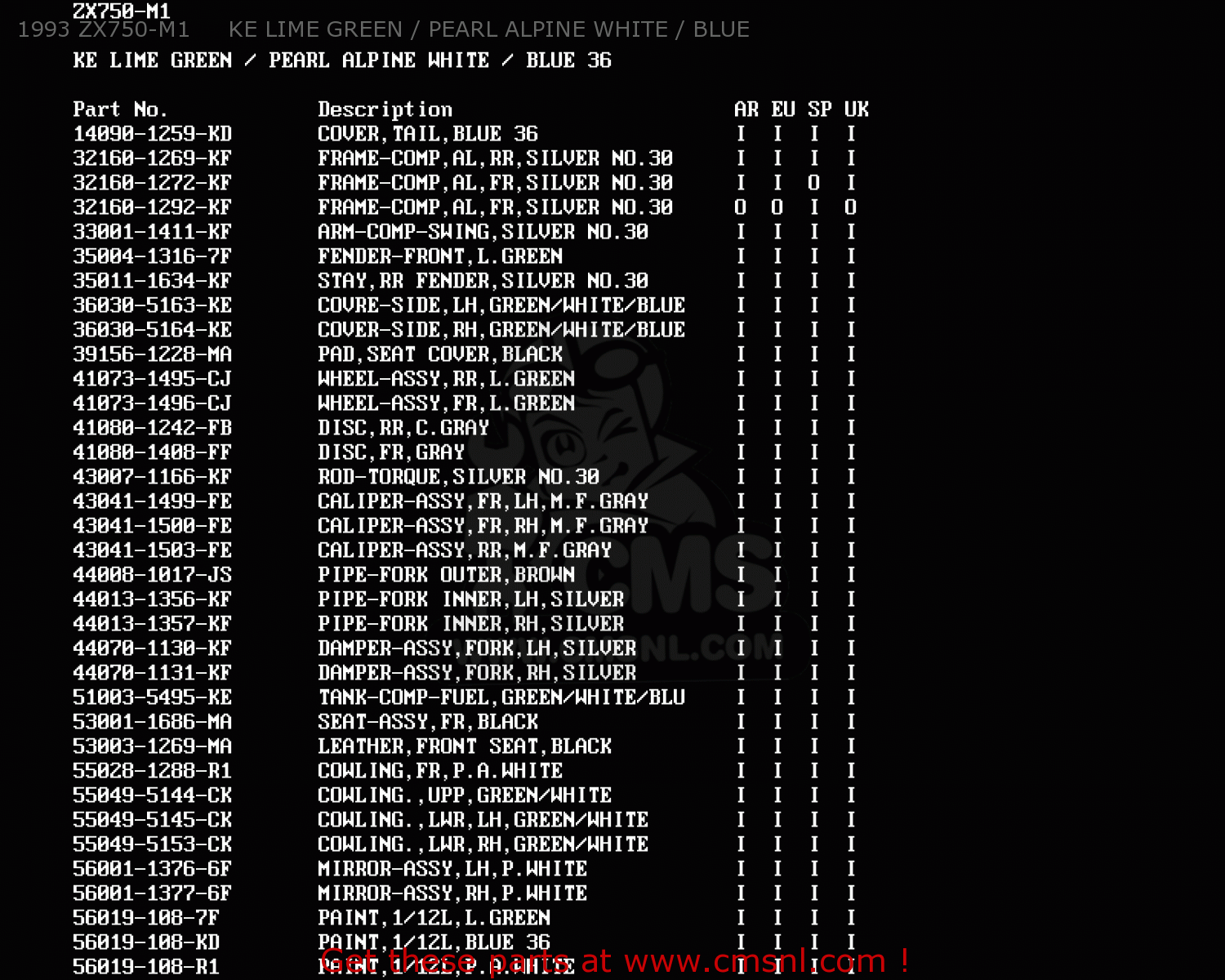 1993 ZX750-M1     KE LIME GREEN / PEARL ALPINE WHITE / BLUE ZX750M1 ZXR750R 1993 EUROPE UK FR AR FG IT SP