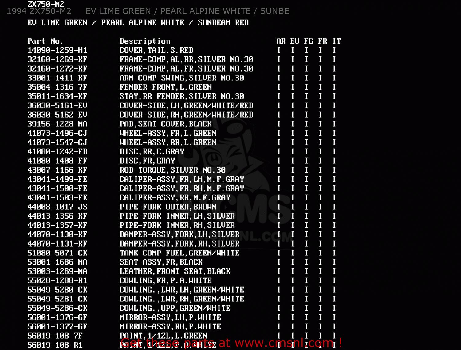 1994 ZX750-M2     EV LIME GREEN / PEARL ALPINE WHITE / SUNBE ZX750M1 ZXR750R 1993 EUROPE UK FR AR FG IT SP
