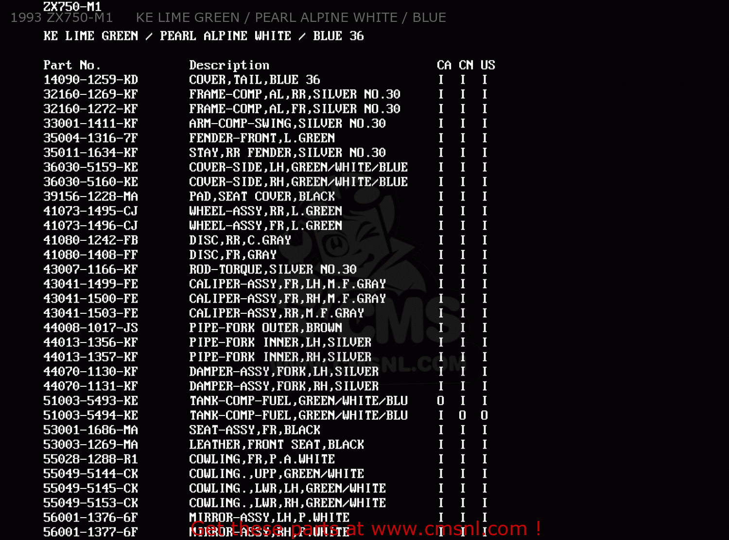 1993 ZX750-M1     KE LIME GREEN / PEARL ALPINE WHITE / BLUE ZX750M2 NINJA ZX7R 1994 USA CALIFORNIA