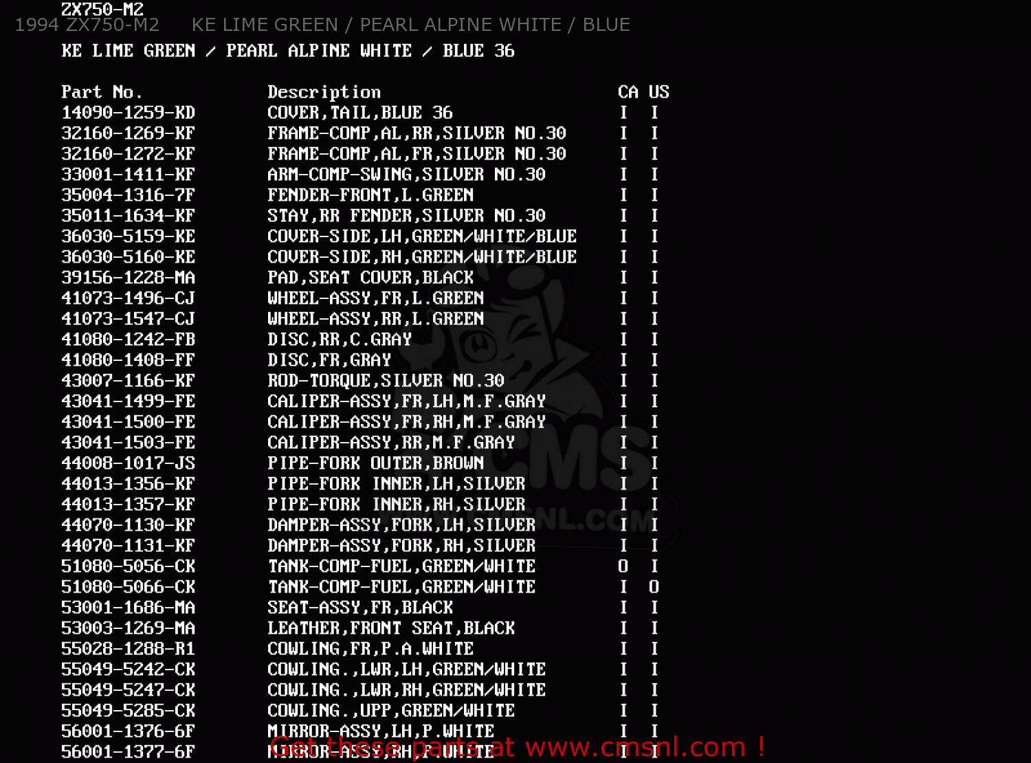 1994 ZX750-M2     KE LIME GREEN / PEARL ALPINE WHITE / BLUE ZX750M2 NINJA ZX7R 1994 USA CALIFORNIA