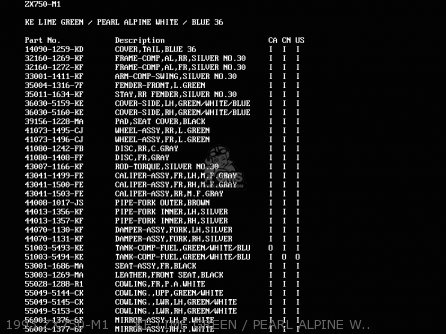 1993 ZX750-M1     KE LIME GREEN / PEARL ALPINE WHITE / BLUE - ZX750M2 NINJA ZX7R 1994 USA CALIFORNIA