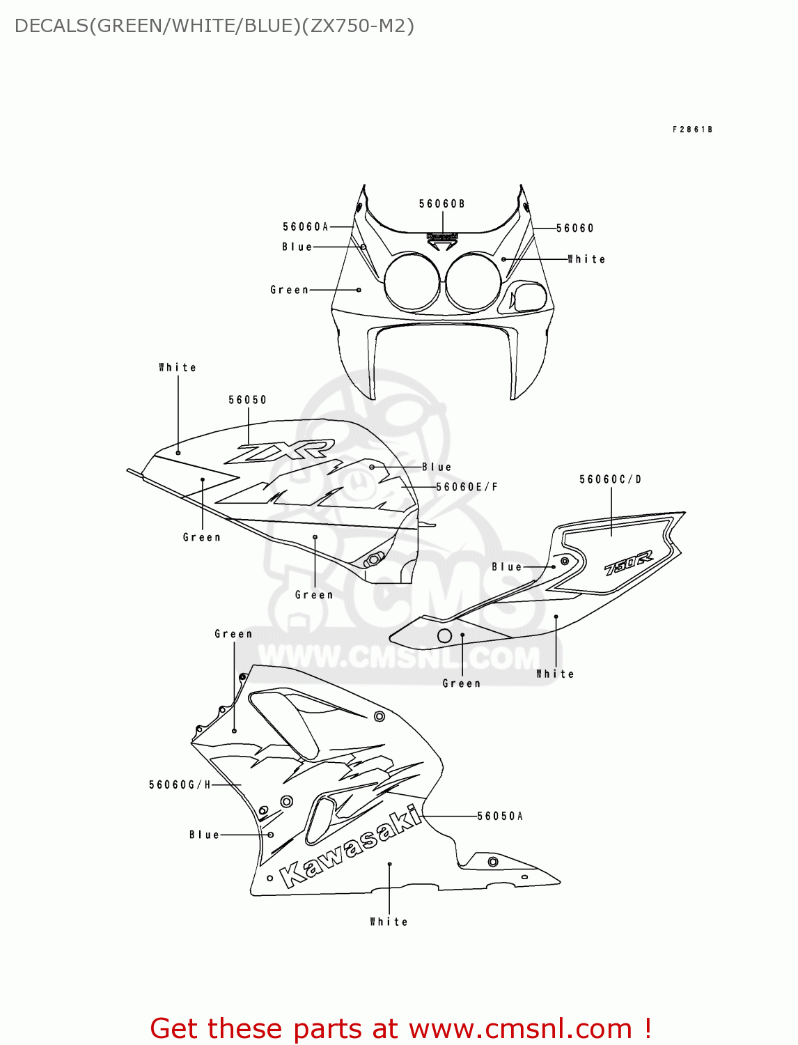 DECALS(GREEN/WHITE/BLUE)(ZX750-M2) ZX750M2 ZXR750R 1994 EUROPE UK FR AR FG IT