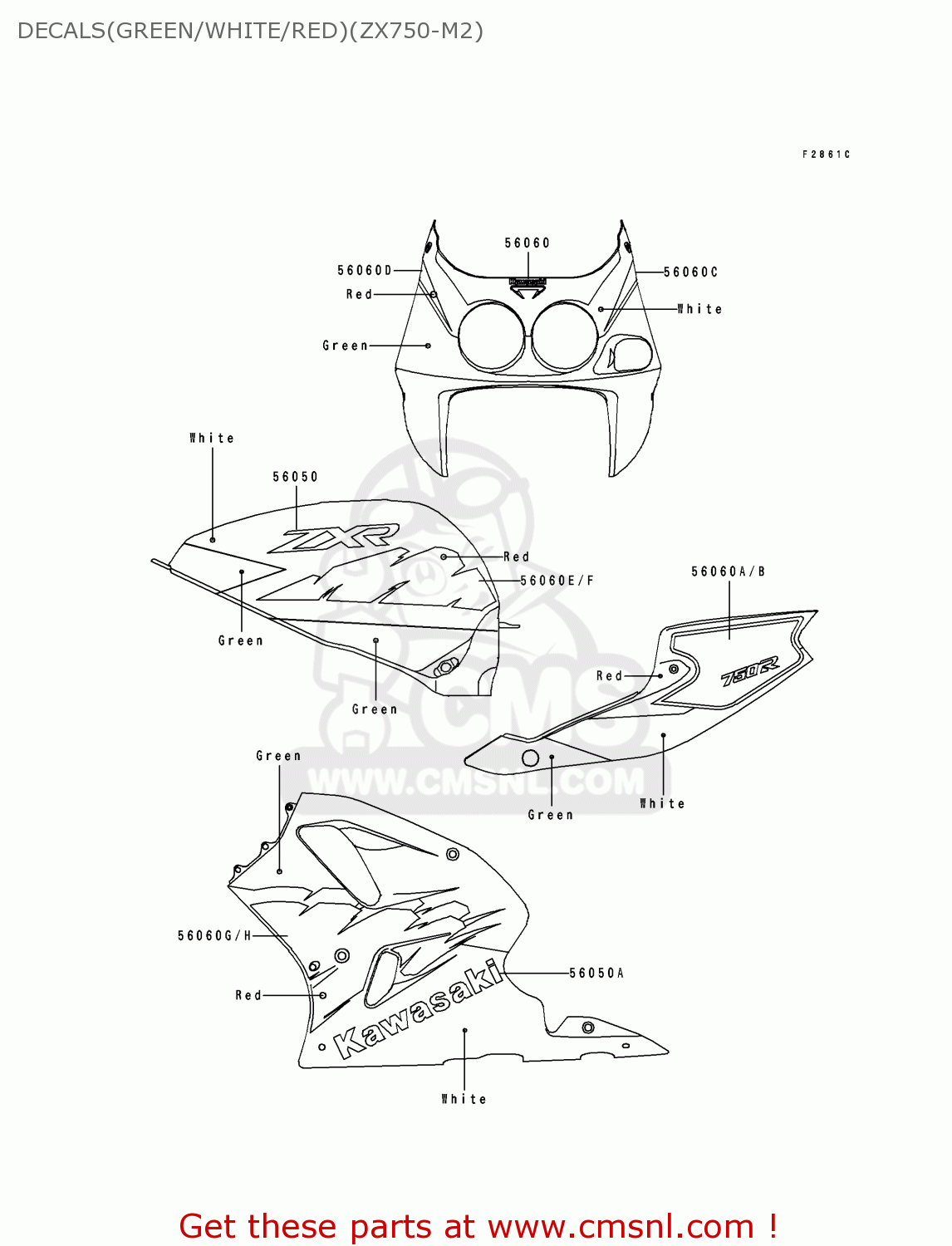 DECALS(GREEN/WHITE/RED)(ZX750-M2) ZX750M2 ZXR750R 1994 EUROPE UK FR AR FG IT