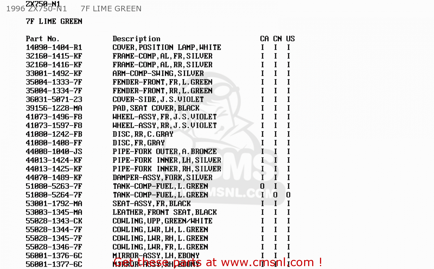 1996 ZX750-N1     7F LIME GREEN ZX750N2 NINJA ZX7RR 1997 CANADA