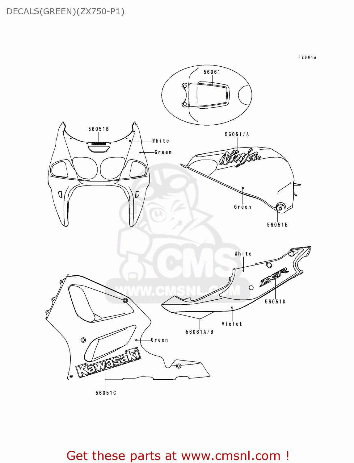DECALS(GREEN)(ZX750-P1) ZX750P1 NINJA ZX7R 1996 USA CALIFORNIA CANADA
