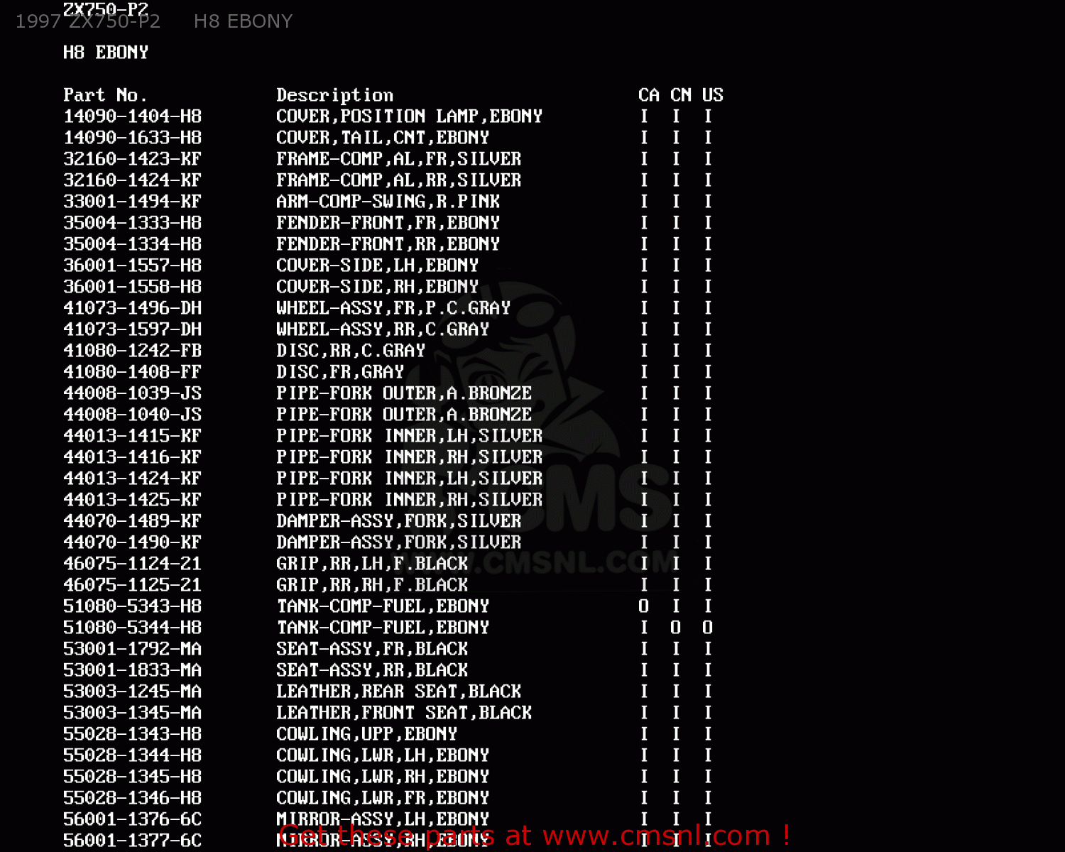 1997 ZX750-P2     H8 EBONY ZX750P1 NINJA ZX7R 1996 USA CALIFORNIA CANADA