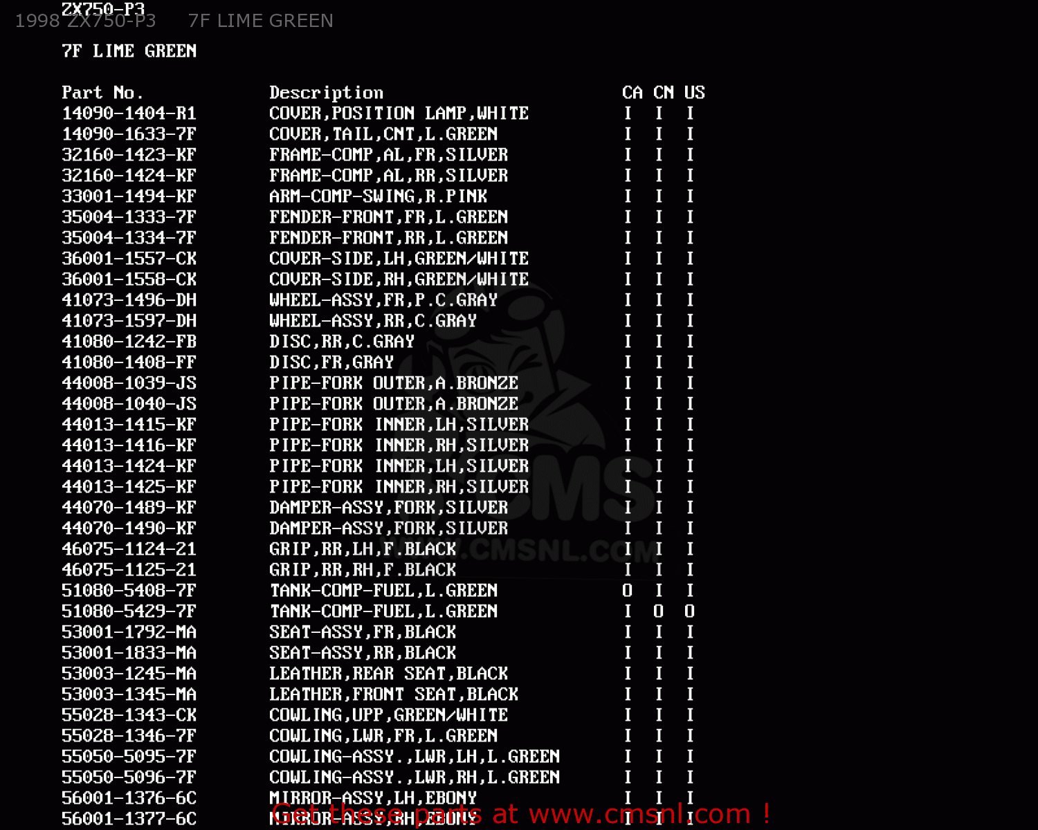 1998 ZX750-P3     7F LIME GREEN ZX750P1 NINJA ZX7R 1996 USA CALIFORNIA CANADA