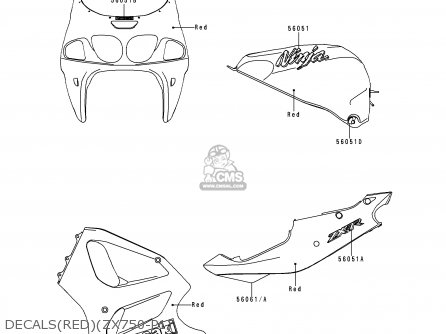 DECALS(RED)(ZX750-P1) - ZX750P1 NINJA ZX7R 1996 USA CALIFORNIA CANADA