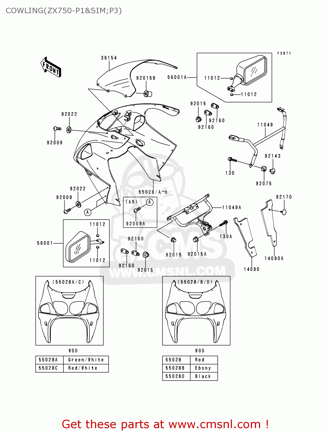 COWLING(ZX750-P1&SIM;P3) ZX750P2 NINJA ZX7R 1997 EUROPE UK FR NL AR FG GR IT NR SD SP ST