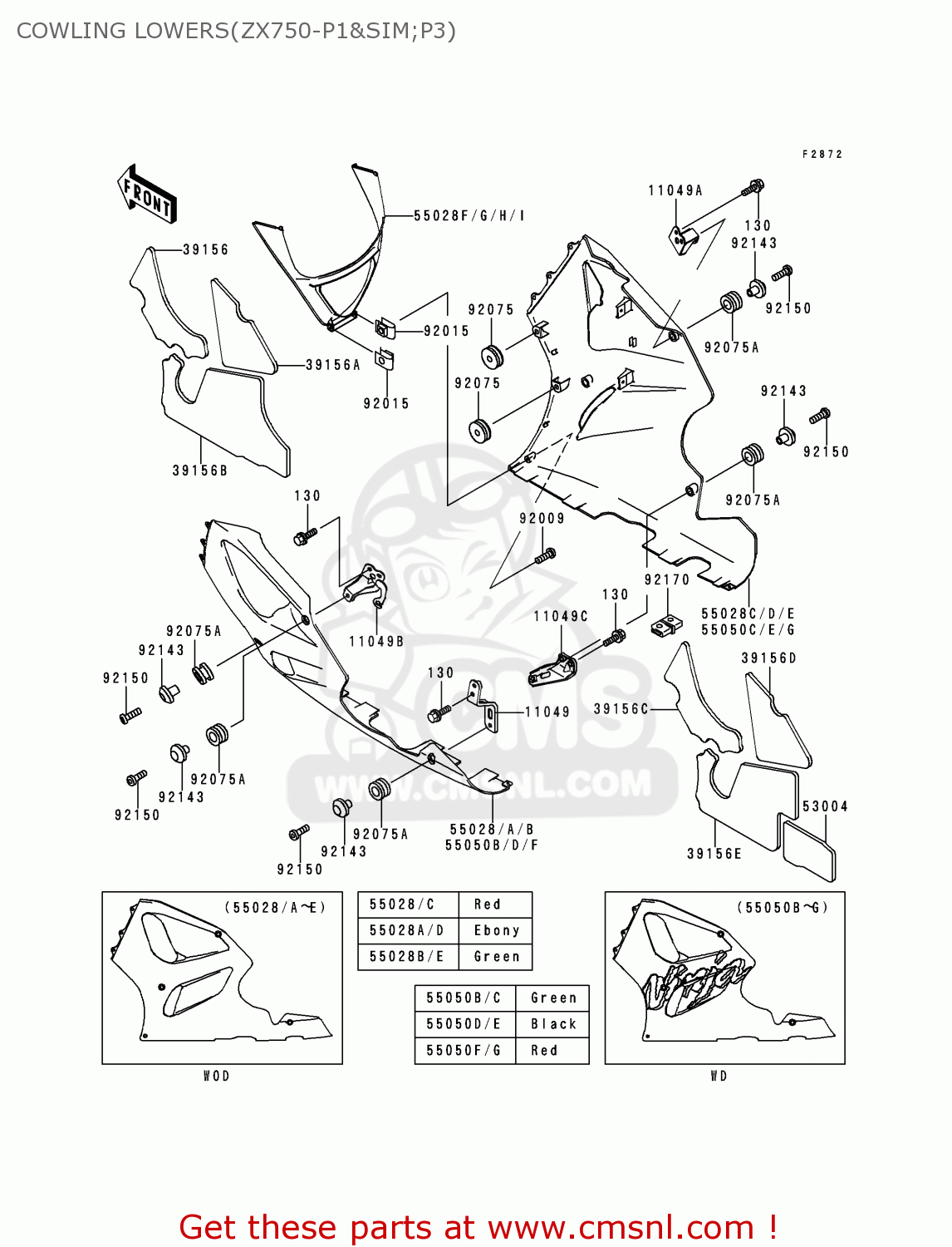 COWLING LOWERS(ZX750-P1&SIM;P3) ZX750P2 NINJA ZX7R 1997 EUROPE UK FR NL AR FG GR IT NR SD SP ST