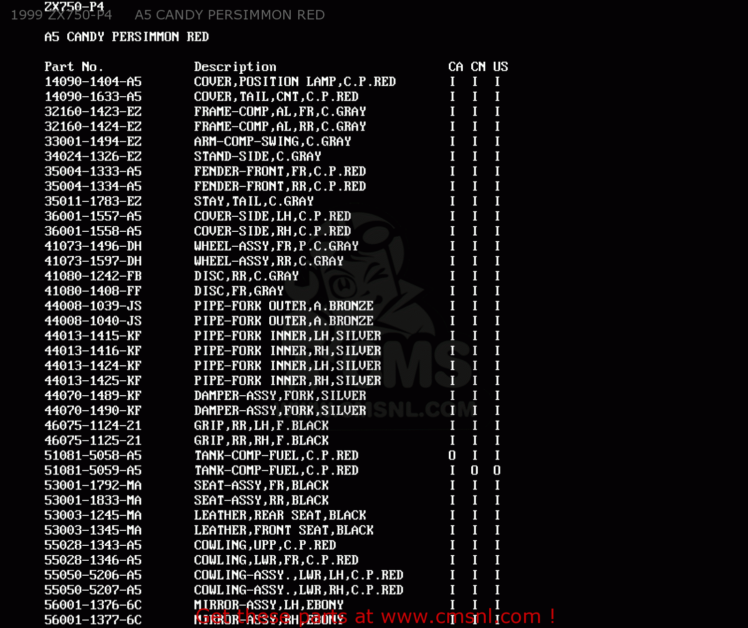 1999 ZX750-P4     A5 CANDY PERSIMMON RED ZX750P2 NINJA ZX7R 1997 USA CALIFORNIA CANADA